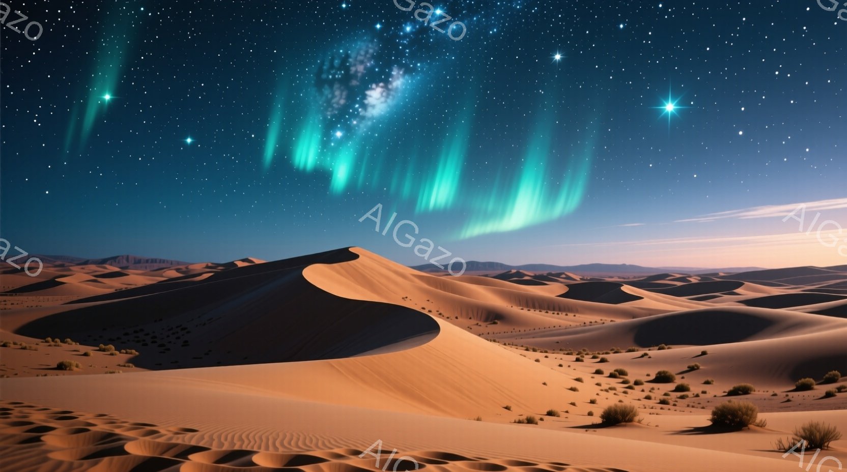 広大な砂漠が夜空の下に広がり、なだらかな砂丘が連なっている。空には、緑と青のオーロラのような光が強く輝き、星々が散りばめられた暗い夜空とのコントラストが美しい。全体的に神秘的で幻想的な雰囲気が漂い、静寂と壮大さを感じさせる。