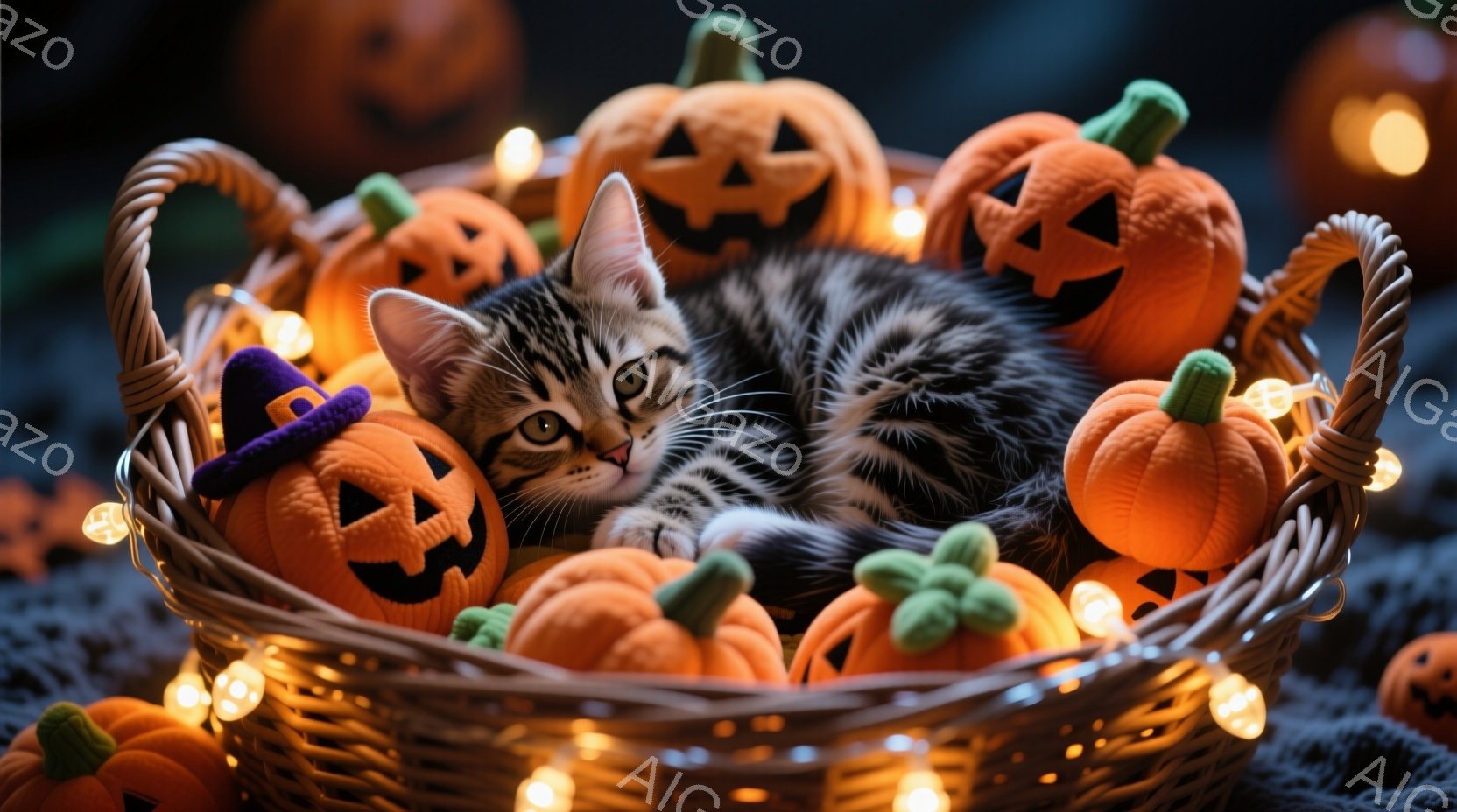 籠の中に、縞模様の小さな子猫が丸まって眠っています。周りにはハロウィーンの飾りであるオレンジ色のカボチャのぬいぐるみがたくさん置かれ、暖かい電飾が飾られています。背景にはさらにカボチャの飾りがぼんやり - AI生成フリー素材