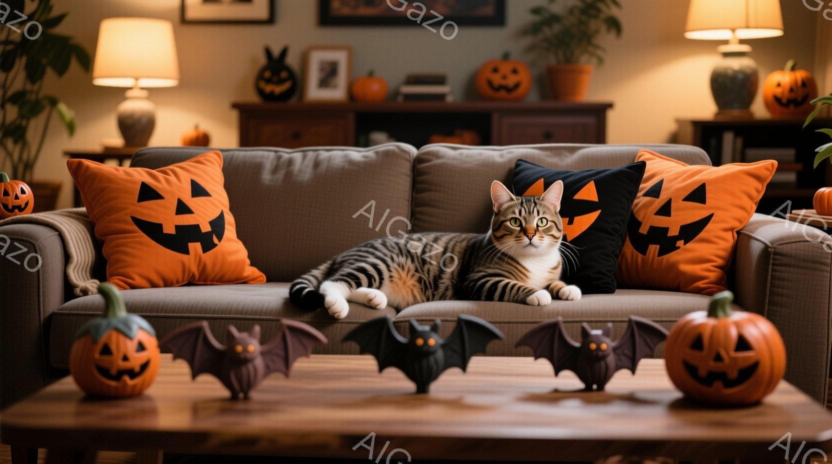茶色のソファに縞模様の猫が横たわっています。背景にはハロウィーンの装飾が散りばめられており、オレンジ色のカボチャのクッション、黒いクッション、カボチャの置物、コウモリの飾りなどが確認できます。全体的に暖色系の照明とハロウィーン装飾が相まって、落ち着いた秋の雰囲気を醸し出しています。