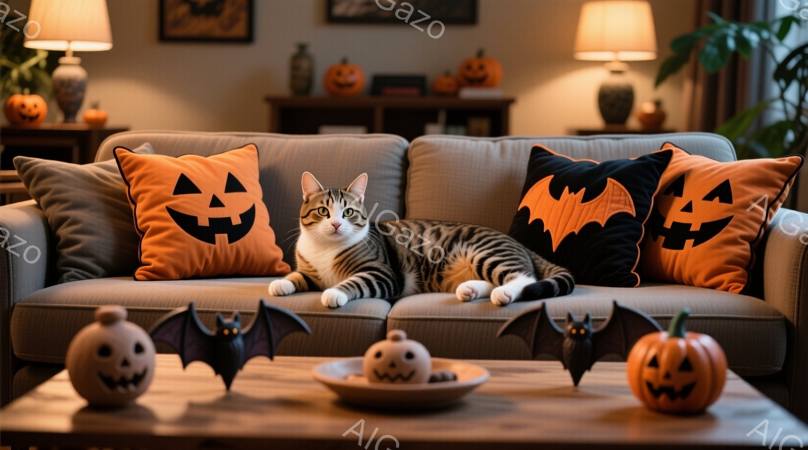 灰色のソファーに縞模様の猫が横たわっており、背後にはハロウィーンの模様が描かれたオレンジと黒のクッションが並んでいます。ソファーの前のコーヒーテーブルには、ハロウィーンの装飾品であるカボチャの置物やコ - AI生成フリー素材