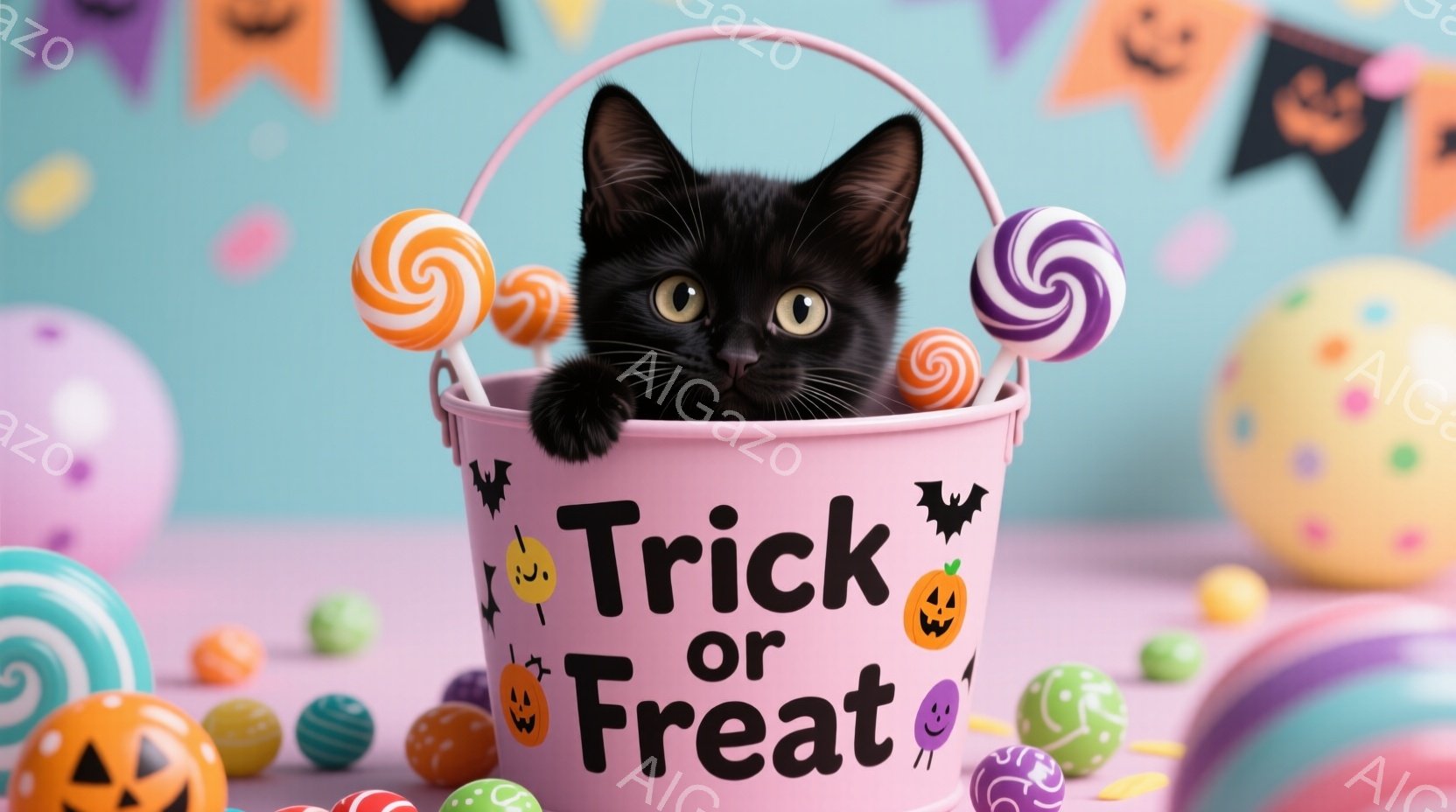 真っ黒な子猫がピンク色の「トリック・オア・トリート」と書かれたバケツの中から顔を出しています。背景には、ハロウィーンの飾り付けやカラフルなキャンディーが散りばめられており、お祝いムードが高まっています - AI生成フリー素材