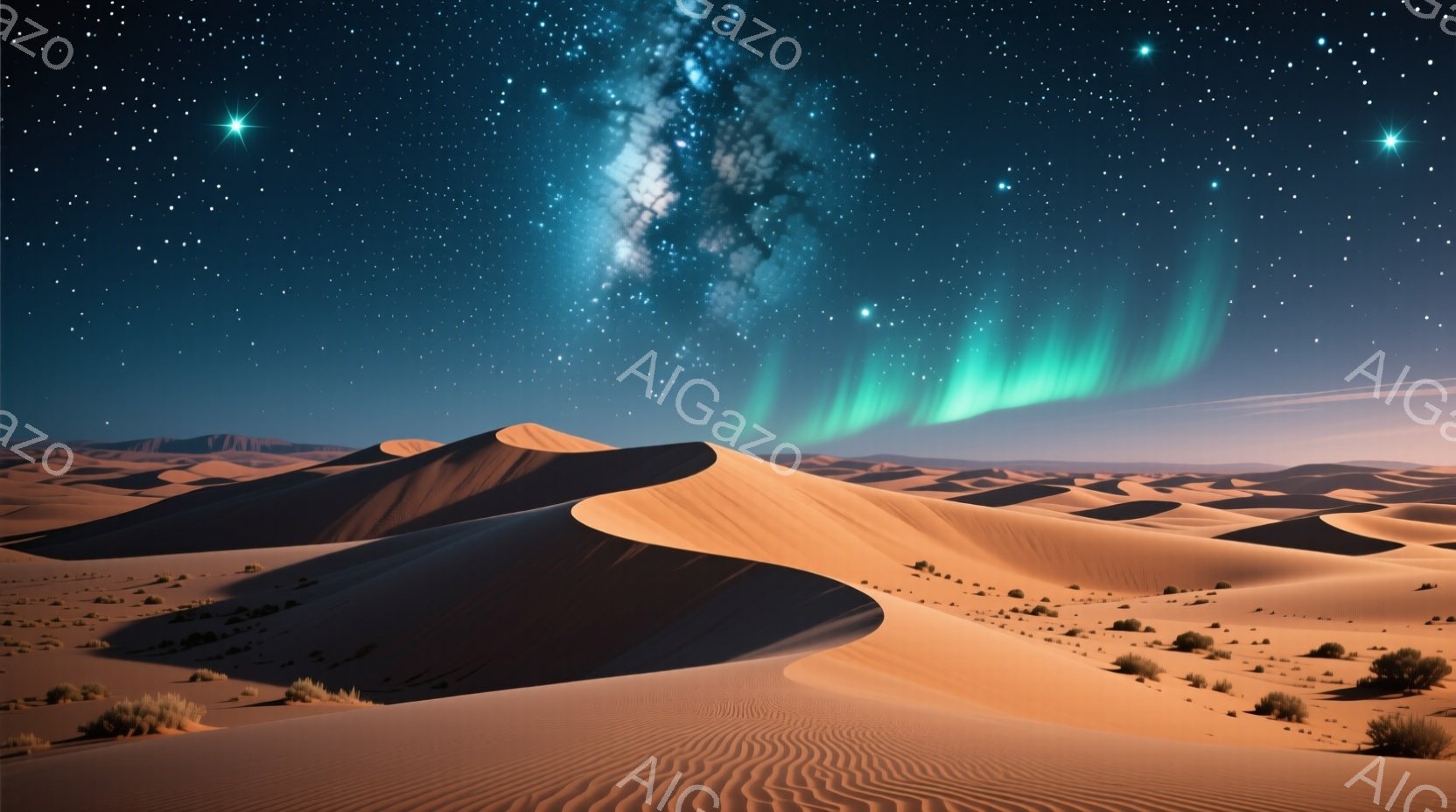 広大な砂漠が夜空を背景に広がっており、オレンジ色の砂丘がうねるように連なっている。空には緑色のオーロラが幻想的に輝き、星々が散りばめられた深い青色がその美しさを引き立てている。静寂と神秘的な雰囲気が漂い、まるで異世界に迷い込んだような感覚を覚える。