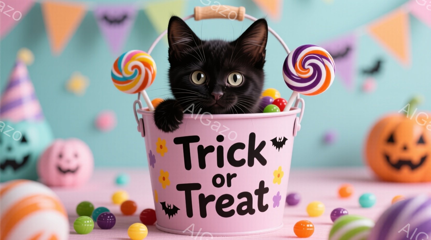 ハロウィーンをテーマにした背景に、小さな黒猫がキャンディーが入った水色のバケツから顔を出しています。バケツには「Trick or Treat」と書かれており、周囲にはカラフルなキャンディーや、ハロウィ - AI生成フリー素材