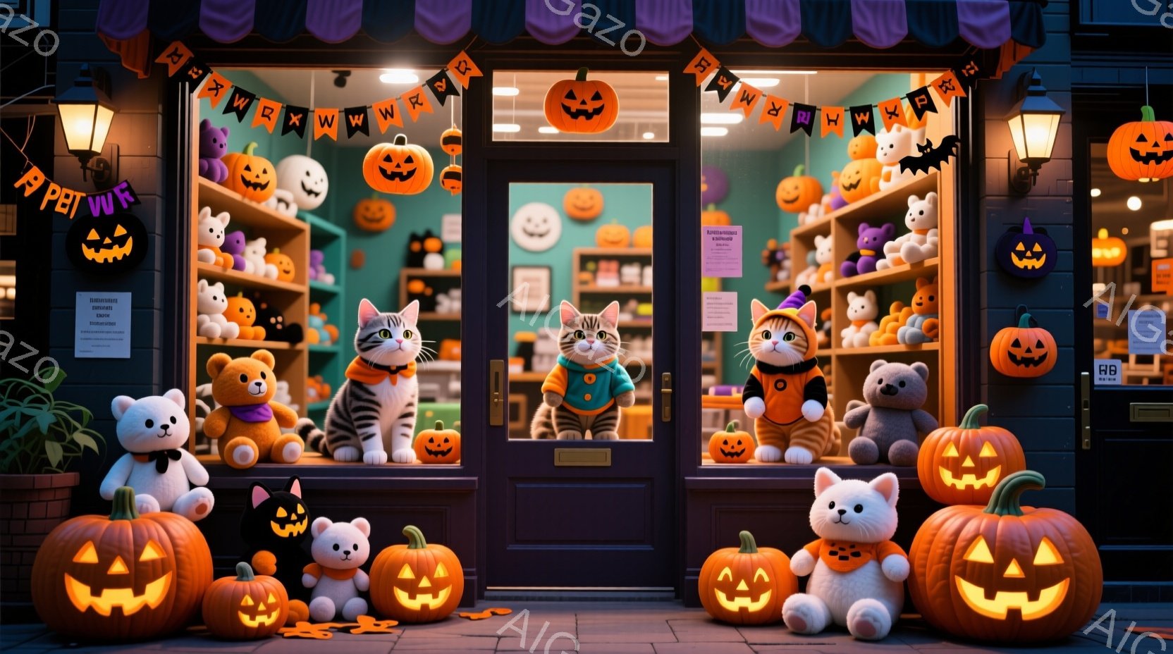 ハロウィーンの装飾が施されたペットショップの入り口に、様々な衣装を着た猫たちが並んでいる。オレンジ色のカボチャのランタンやぬいぐるみ、そしてカラフルなハロウィーン飾りで賑やかで、秋の夜の暖かい雰囲気が漂っている。背景には、商品が並んだ店内の様子がぼんやりと見え、全体的に可愛らしく、お祭り気分を楽しめる様子が表現されている。