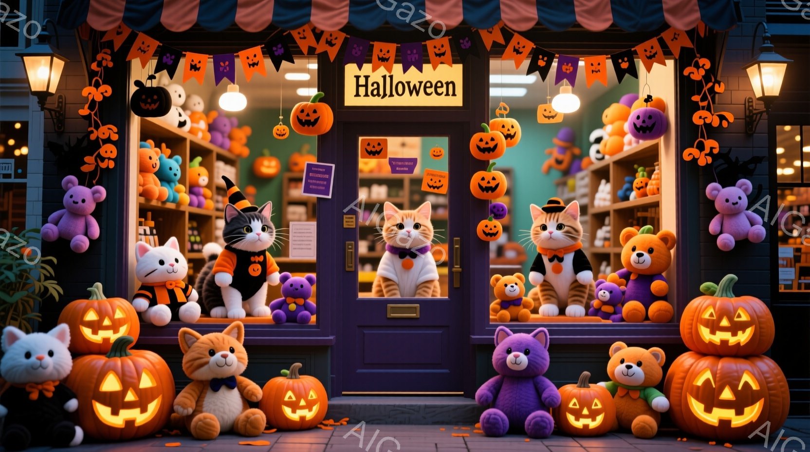 ハロウィーンをテーマにしたお店の入り口が描かれています。たくさんのカボチャのランタンや、ハロウィーンの衣装を着た猫のぬいぐるみ、紫色のクマのぬいぐるみが店内に飾られ、賑やかな雰囲気を醸し出しています。入り口の上には「Halloween」と書かれた看板があり、お祝いの雰囲気を高めています。