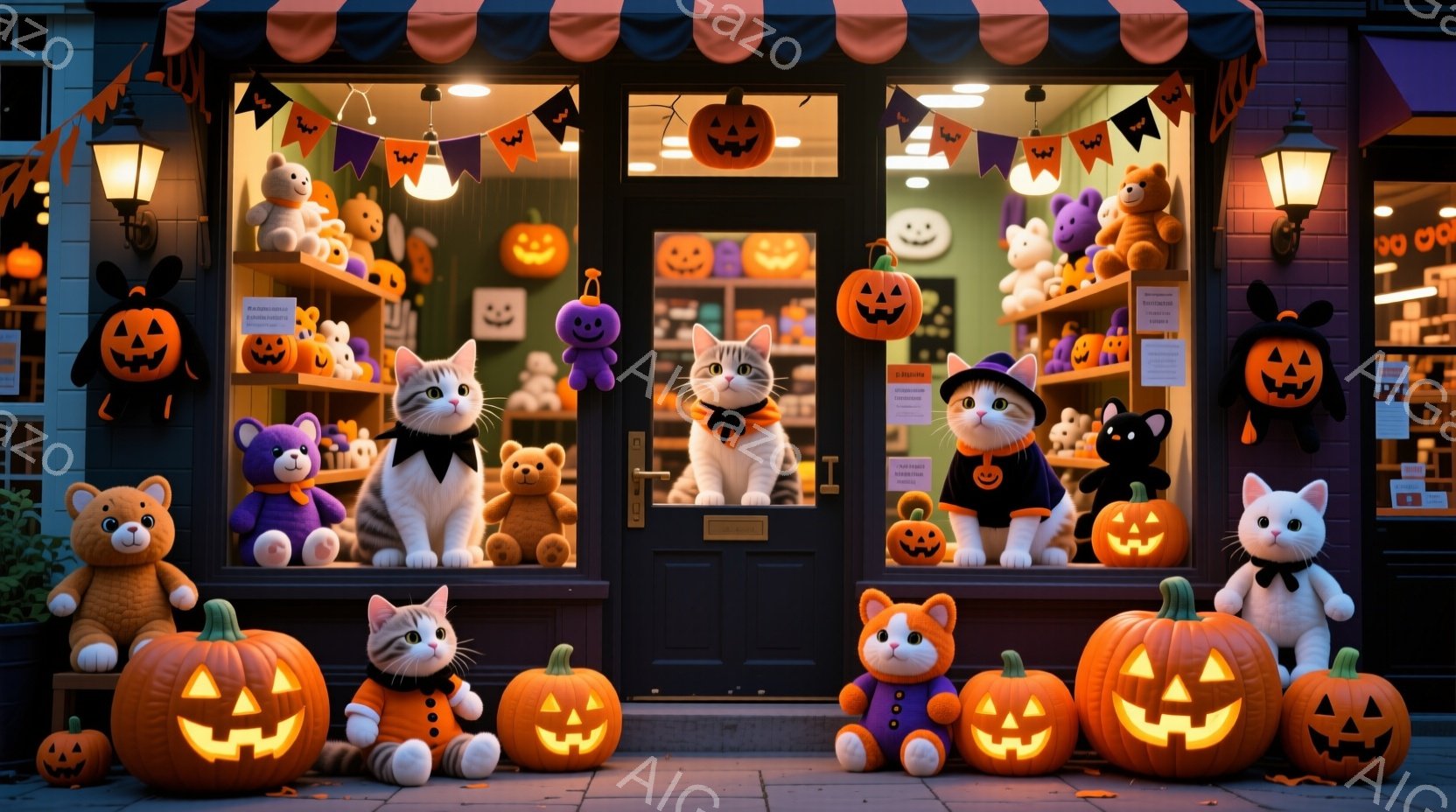 ハロウィーンの装飾が施された店の前に、様々な動物たちが可愛らしいコスチュームを着て並んでいます。猫たちはそれぞれ異なる衣装（魔女、フランケンシュタイン、カボチャなど）を身に着け、楽しそうにポーズをとっ - AI生成フリー素材