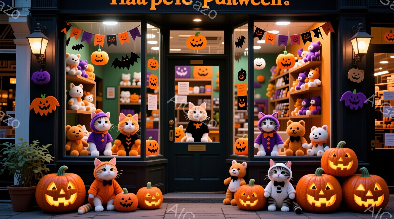 ハロウィーンの飾り付けがされた店の前に、様々な衣装を着た猫たちが並んでいる。オレンジ色のカボチャのランタンが猫たちを取り囲み、紫色の衣装を着た猫、ミツバチのコスチュームを着た猫、海賊の衣装を着た猫など - AI生成フリー素材