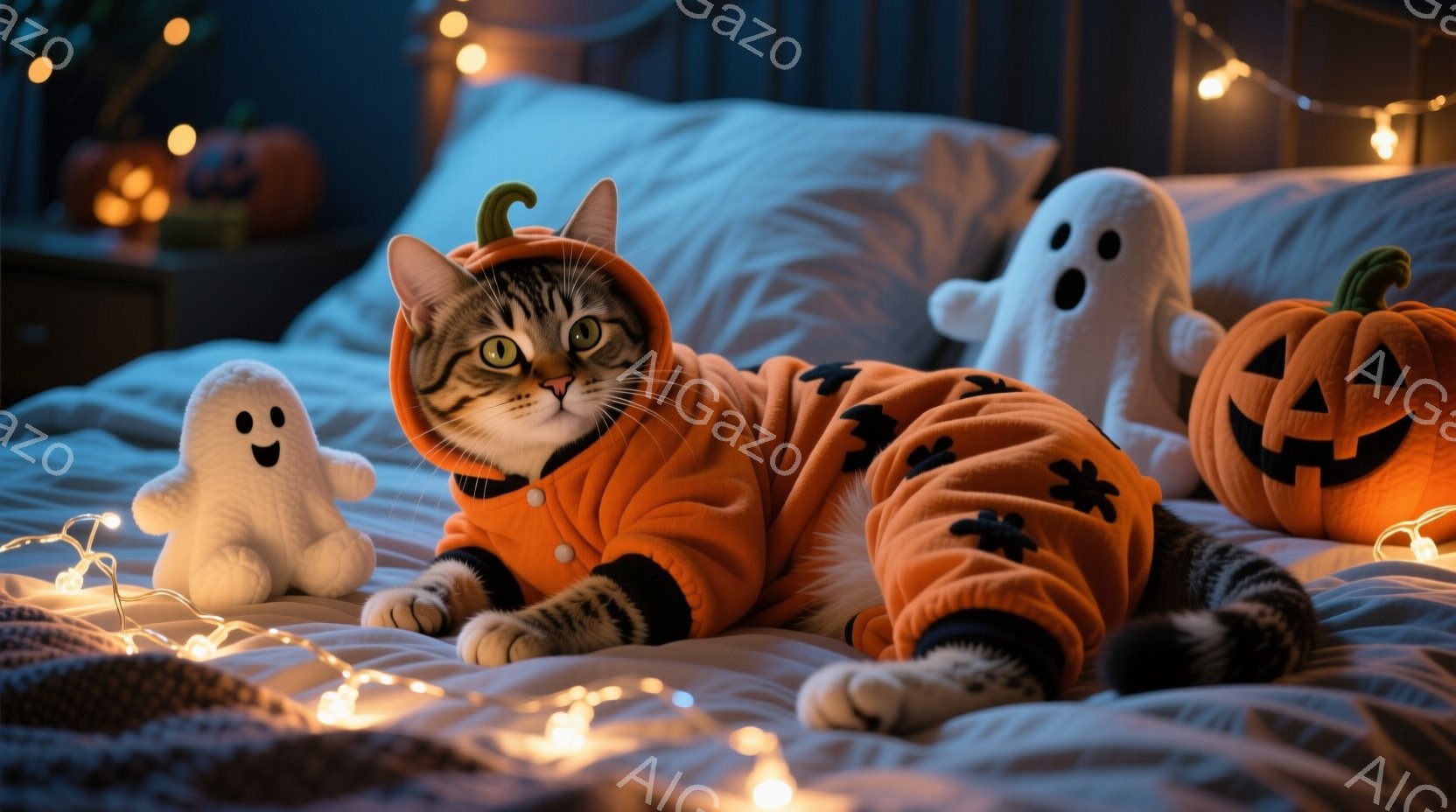オレンジ色のハロウィン風の衣装を着た猫が、白いベッドの上でリラックスして横たわっています。猫は少し不機嫌そうな表情でこちらを見ており、その周りには白い幽霊のぬいぐるみとジャック・オー・ランタンが置かれ - AI生成フリー素材