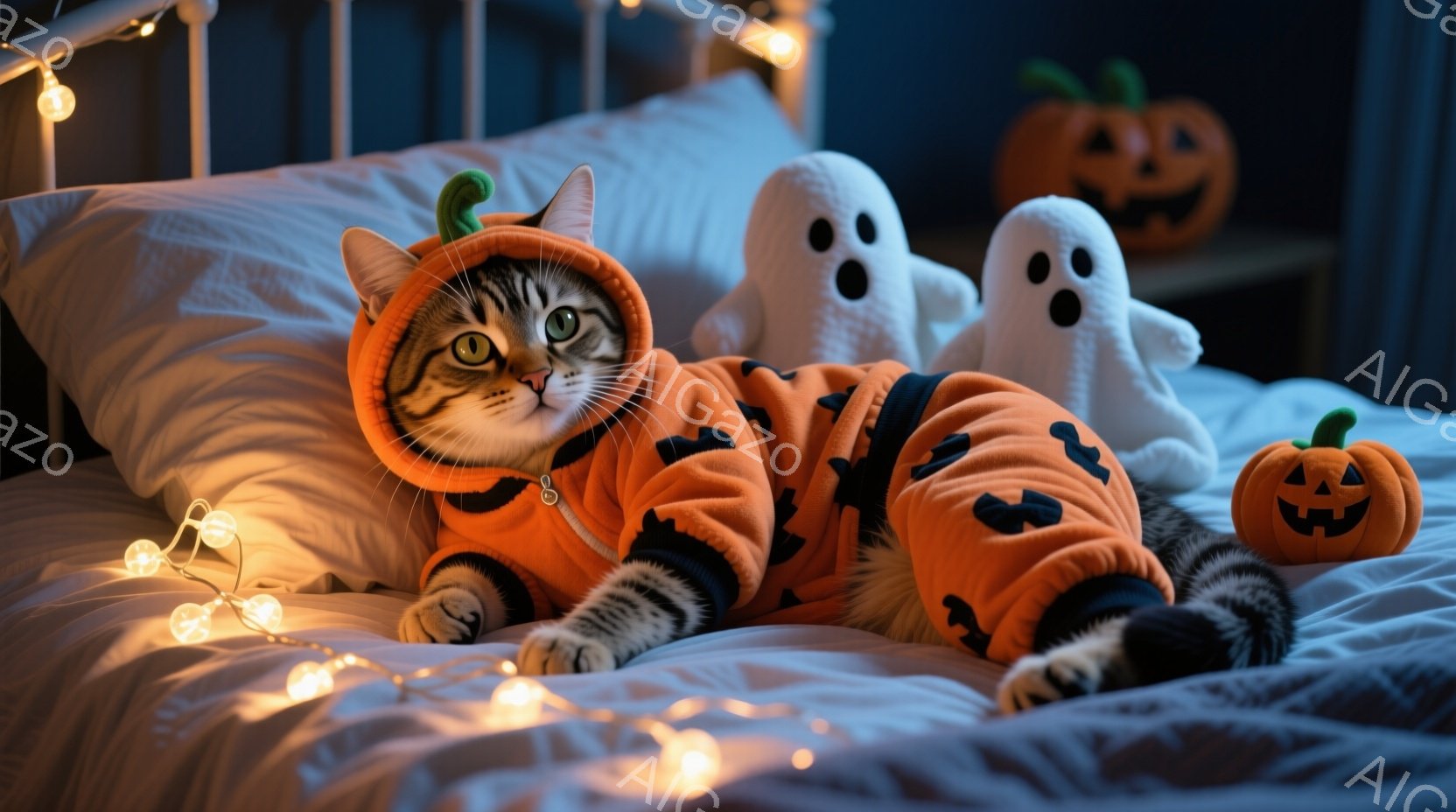 茶トラの猫がハロウィーンのオレンジ色のカボチャのコスチュームを着て、白いベッドの上に横たわっています。その猫はリラックスした表情で、コスチュームのフードは耳の形をしており、衣装には黒い猫のシルエットが - AI生成フリー素材