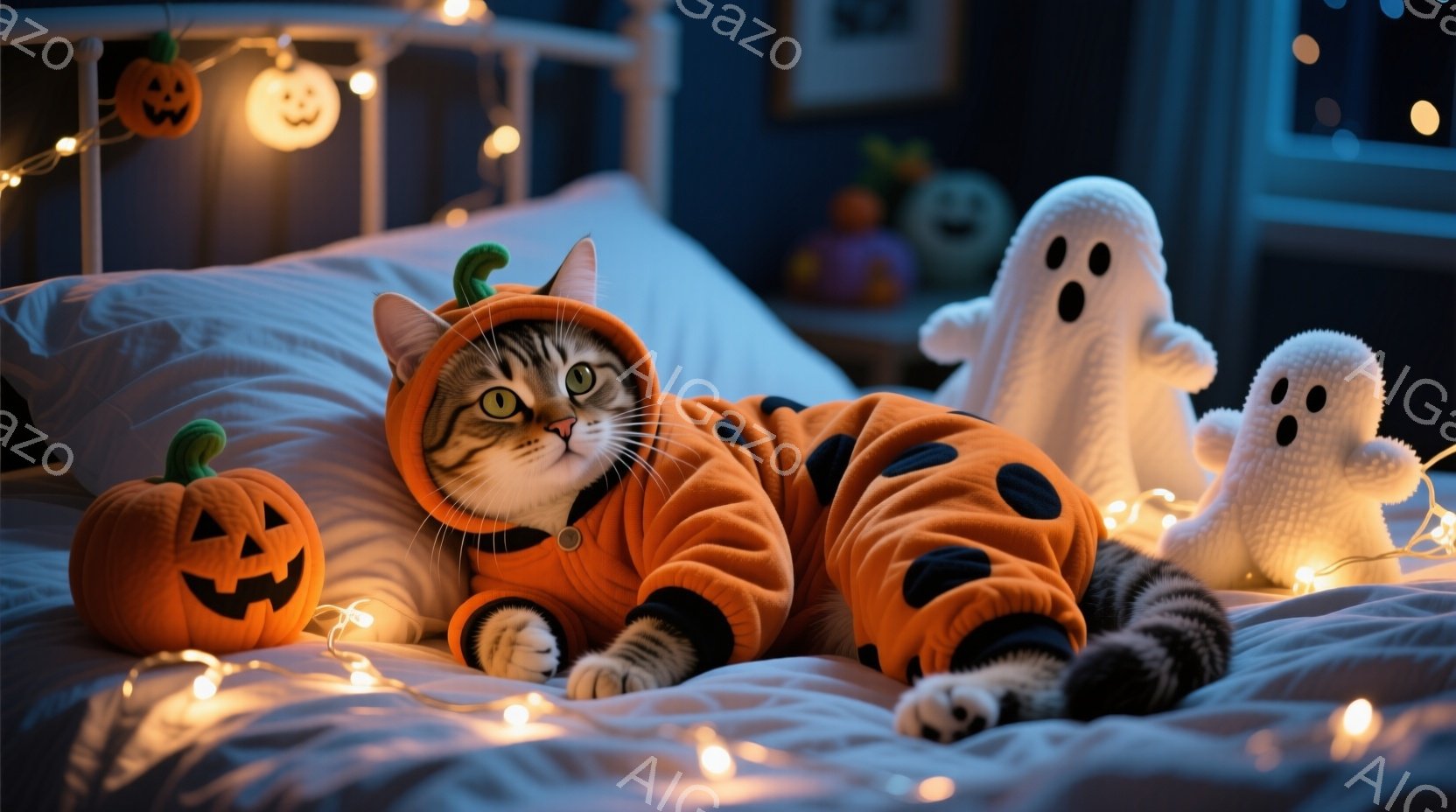 オレンジ色のカボチャの衣装を着た縞模様の猫がベッドの上に横たわっています。猫はリラックスした様子で、前足を伸ばし、正面を見つめています。背景には、ハロウィーンの飾り付けが施された部屋と、暖かい光を放つ - AI生成フリー素材