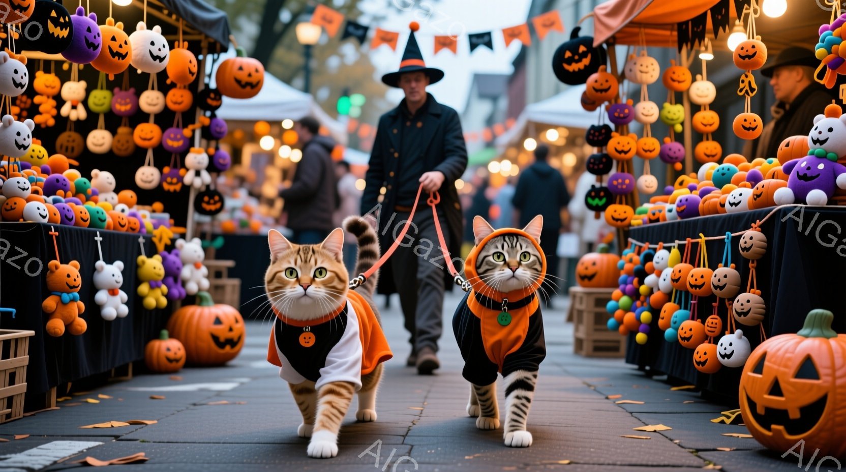 ハロウィーンの装飾が施された通りで、オレンジと黒のコスチュームを着た2匹の猫がリードで繋がれて歩いている。背景には、様々な手作りのハロウィーン飾りや、ぼんやりと見える人々が見える。全体的に、陽気でかわいらしいハロウィーンの雰囲気が漂っている。