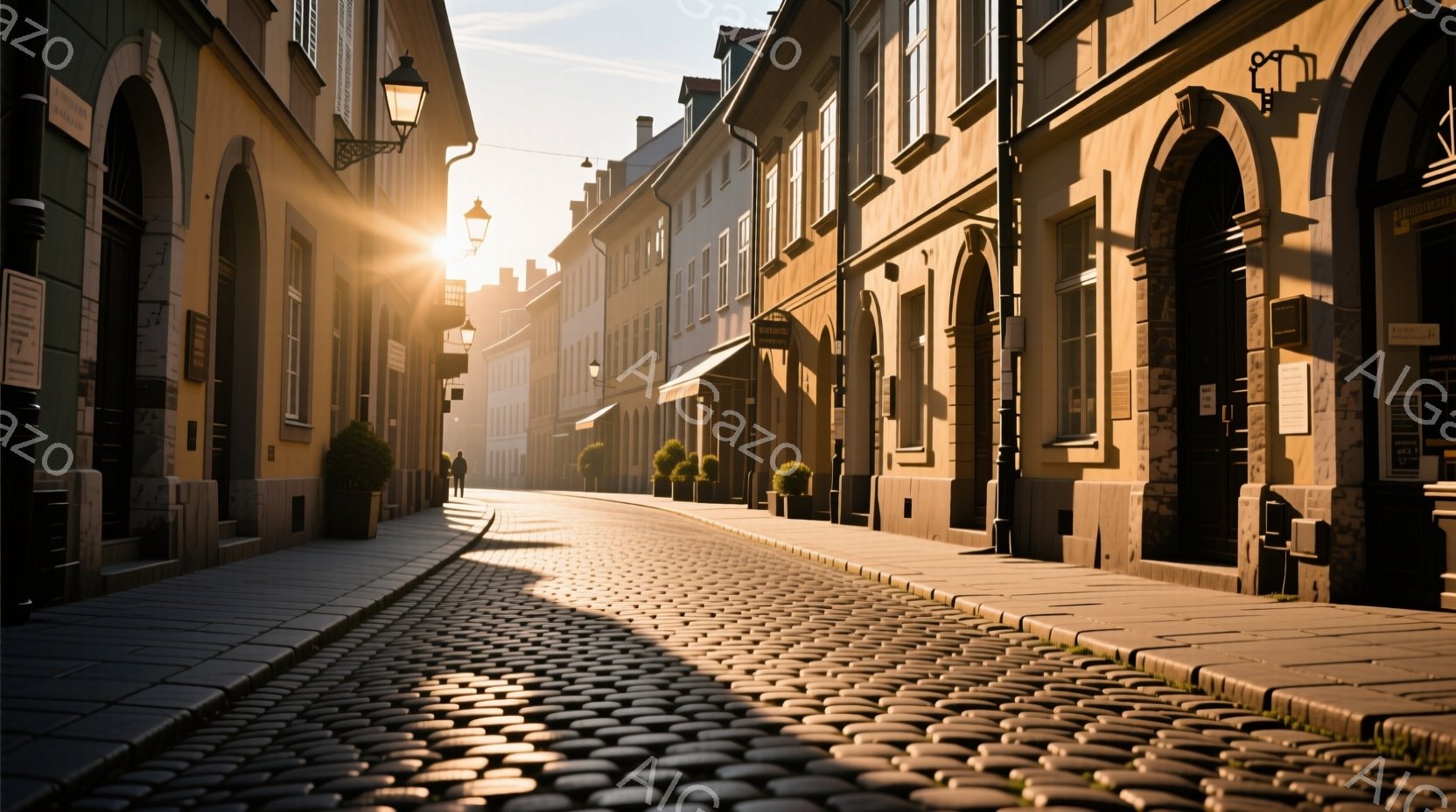 石畳の道が遠近法で描かれ、両脇には歴史的な建物が並んでいる。朝日の光が道を照らし、暖かく柔らかな雰囲気を生み出している。遠くに見える人物は、黒いコートを着ており、ゆっくりと歩いている様子が、静寂な街並みに溶け込んでいる。