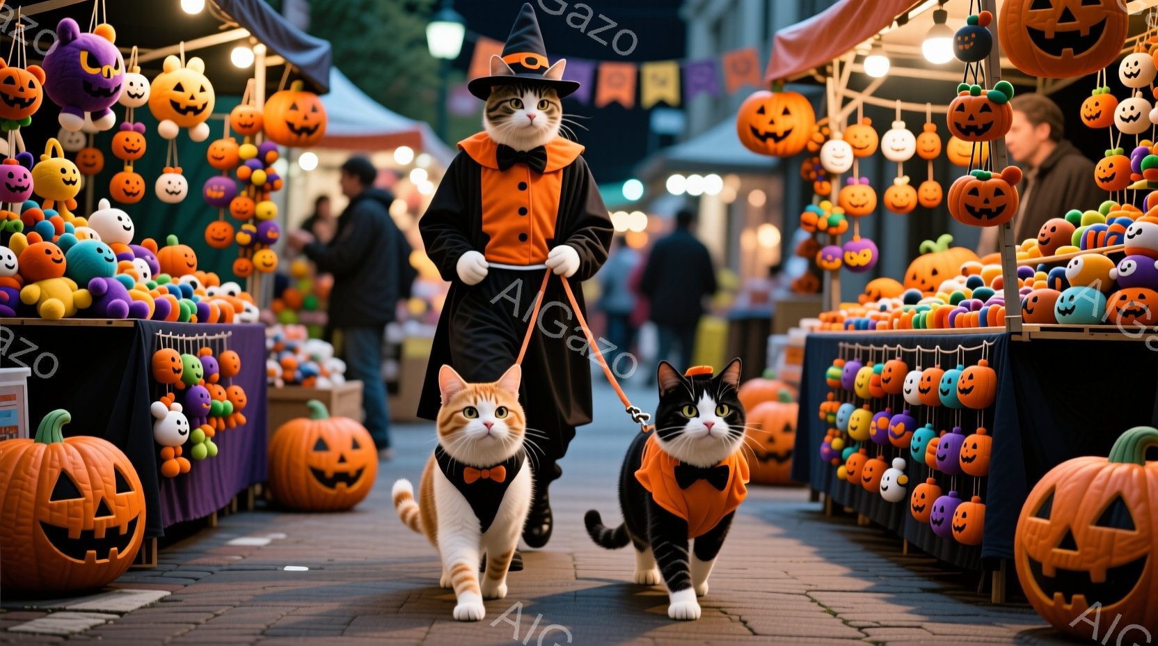 夜の祭り会場で、オレンジと黒の衣装を着た猫が、別の猫をリードで引いて歩いている。背景には、カラフルなハロウィーン飾りや、ぼんやりと見える人々が見え、お祭りの活気と楽しさを感じさせる。全体的に、ハロウィーンの夜に猫たちが楽しんでいる、遊び心のある暖かい雰囲気である。