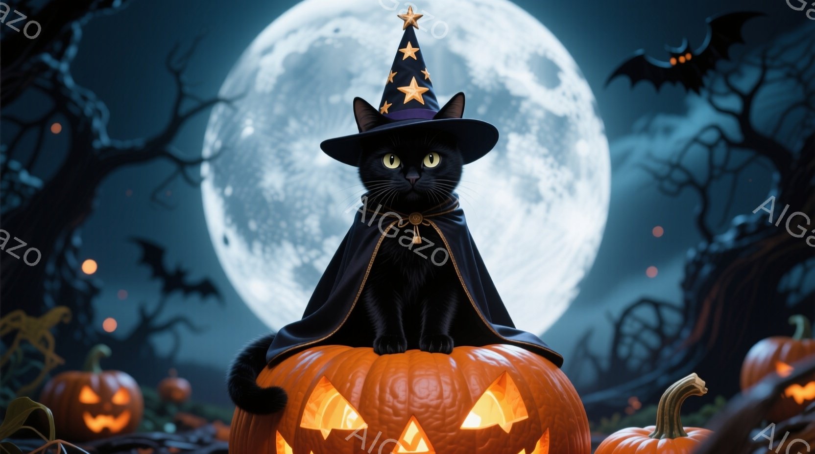 黒猫がカボチャの上に乗っており、魔女の帽子とマントを身につけている。カボチャは内部からオレンジ色に光っており、背景には不気味な木々と満月が広がっている。 全体的にハロウィーンの夜を思わせる、少し神秘的 - AI生成フリー素材