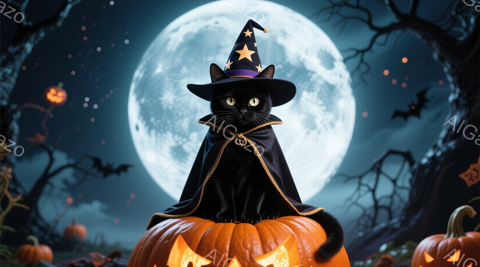 黒猫がハロウィーンの魔女の衣装を着て、大きなジャック・オー・ランタンの上に座っています。猫は紫色の帽子と黒いマントを身につけ、少し困ったような表情をしています。背景には満月、木のシルエット、空中に浮か - AI生成フリー素材