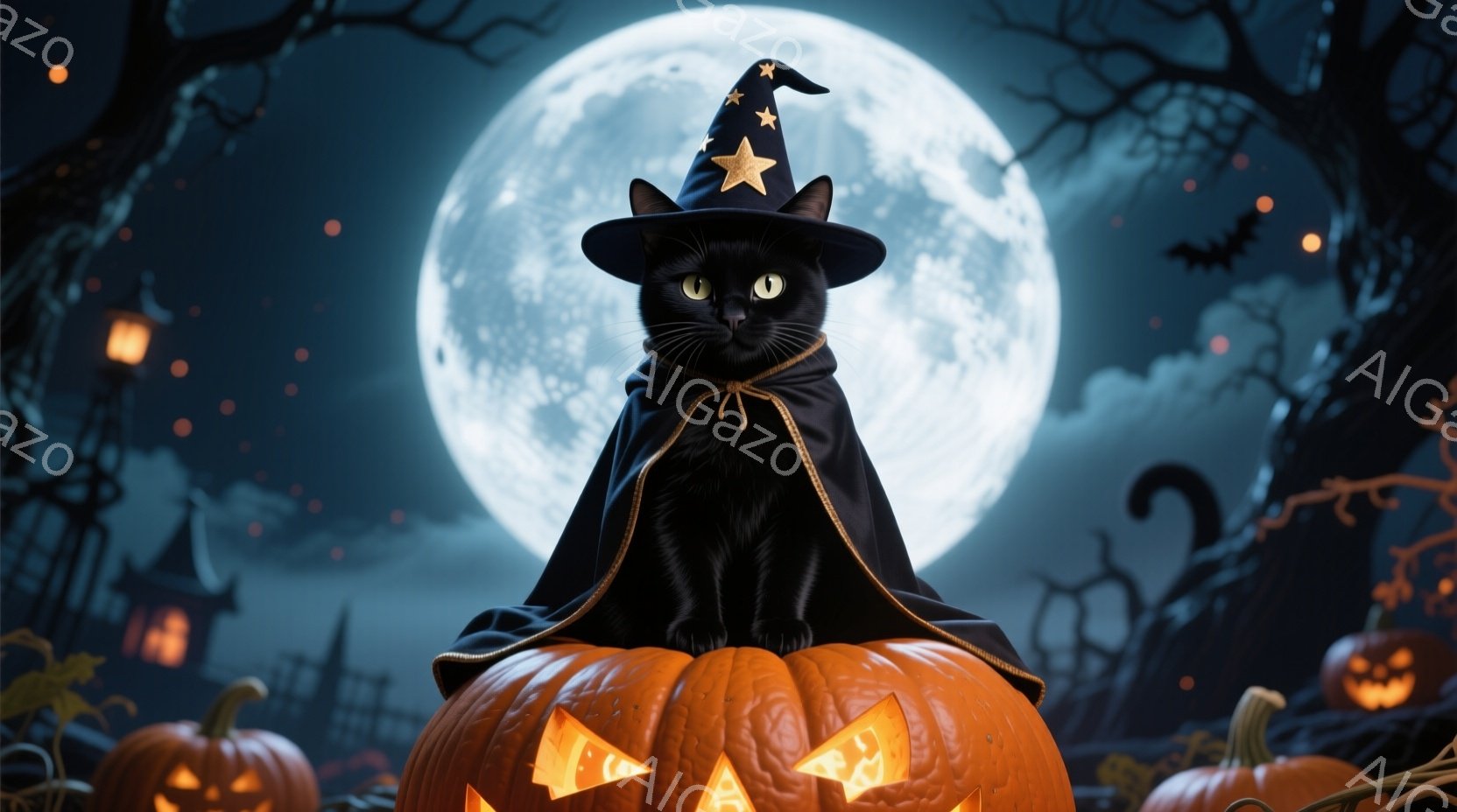 黒猫がカボチャの上に座り、魔女帽子とマントを身につけています。背景には不気味な屋敷と木のシルエット、そして満月が輝き、ハロウィンの夜の神秘的な雰囲気を醸し出しています。カボチャは内部から光っており、全 - AI生成フリー素材