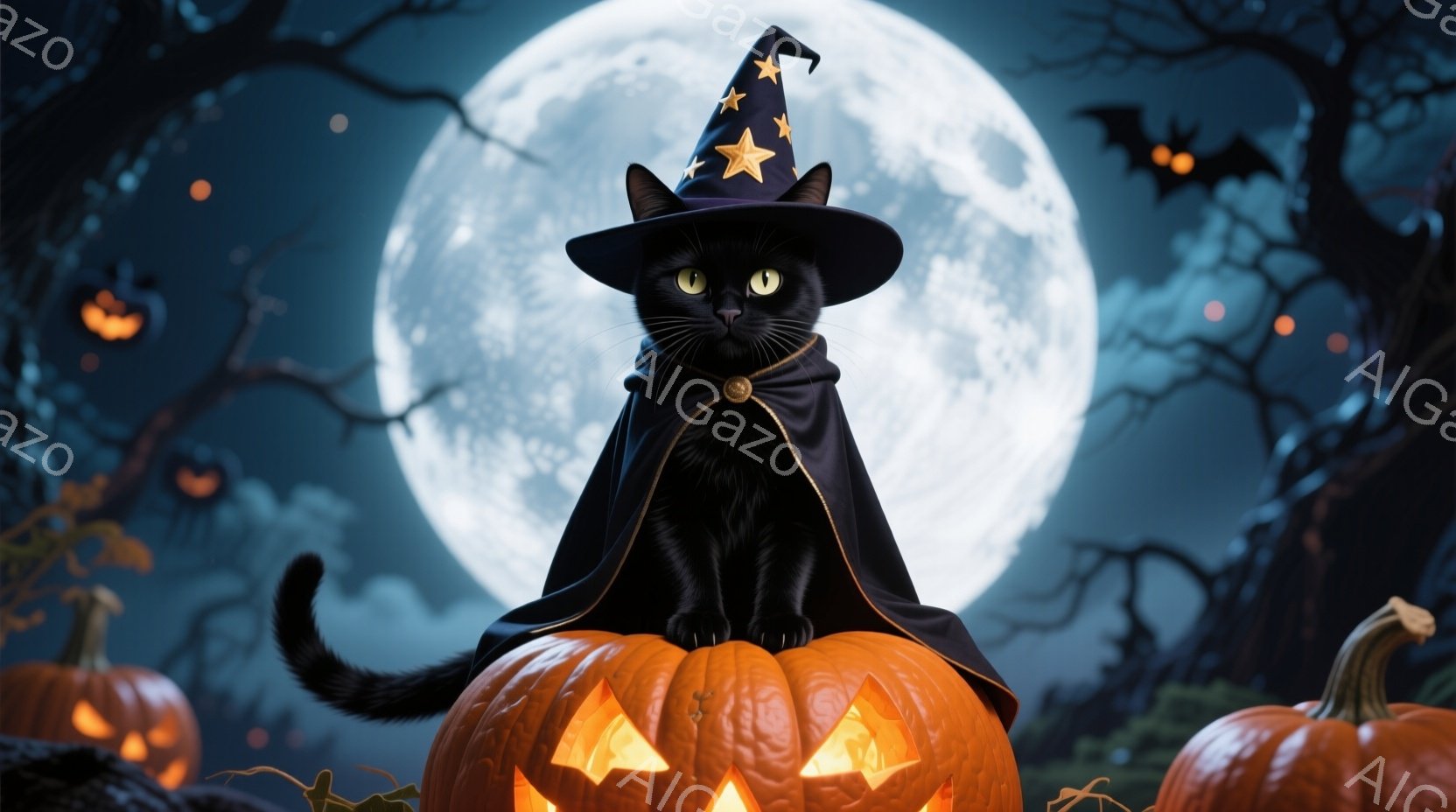 黒猫がカボチャの上に座っており、ハロウィーンの魔法使いのような衣装を着ています。黒いマントと星の飾り付きの帽子を身につけ、自信に満ちた表情で正面を見ています。背景には満月が輝き、不気味な木々と他のカボ - AI生成フリー素材