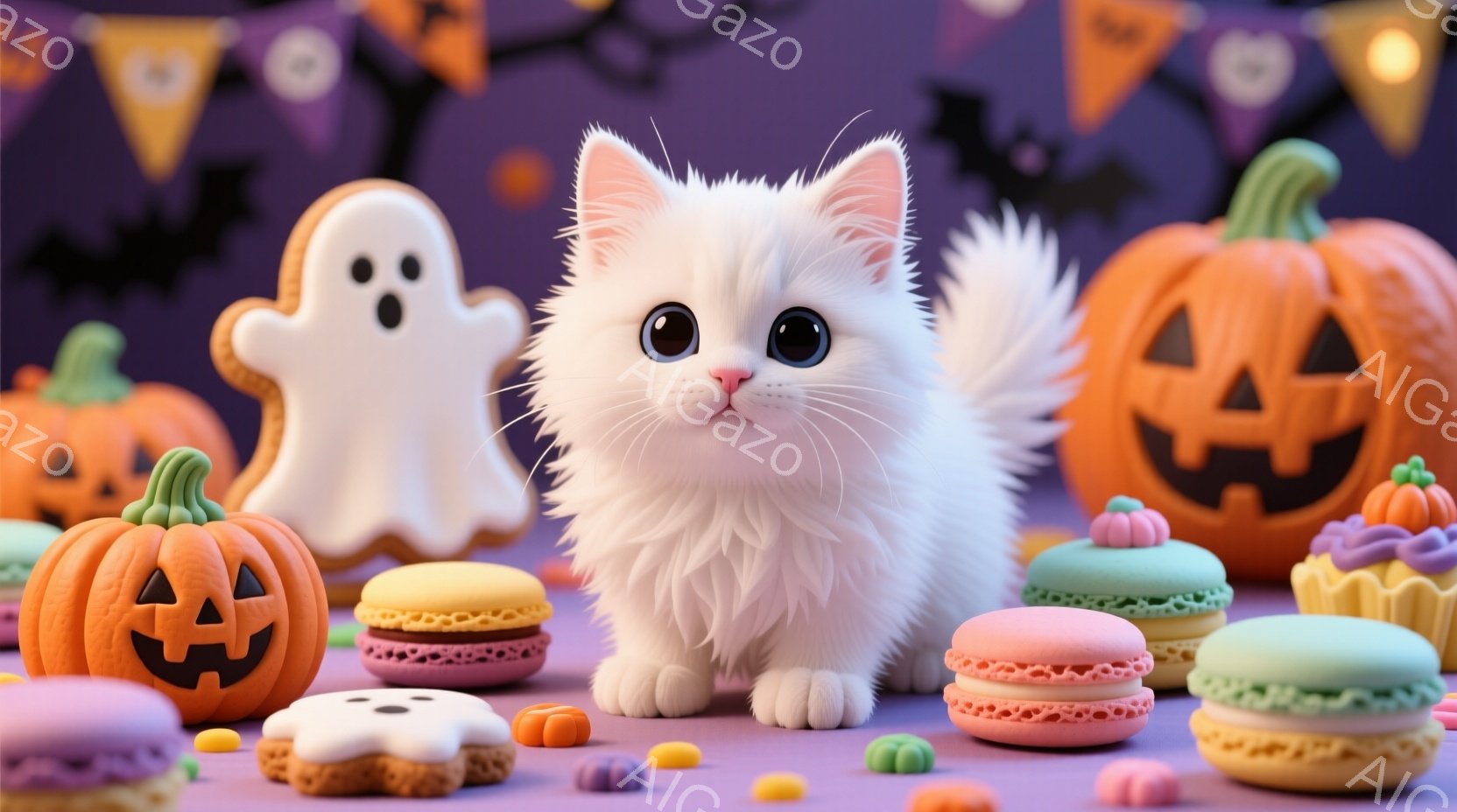 白い子猫が、ハロウィーンのお菓子に囲まれて座っています。背景には紫色のテーブルクロスと、かぼちゃやお化けのクッキー、カラフルなマカロン、キャンディが散りばめられており、お祝いムードを演出しています。子 - AI生成フリー素材
