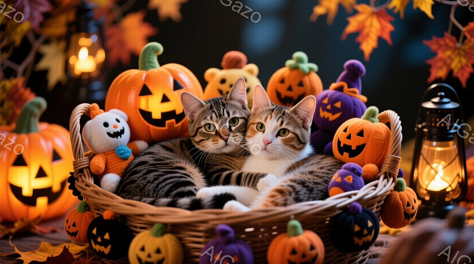籠の中に二匹の縞模様の猫が寄り添って横たわっています。周りにはハロウィーンの装飾である小さなカボチャやお化けのぬいぐるみなどが置かれており、背景には秋の葉と光るランタンが見えます。全体的に暖かく、秋らしい、そして少し不気味なハロウィーンの雰囲気を醸し出しています。