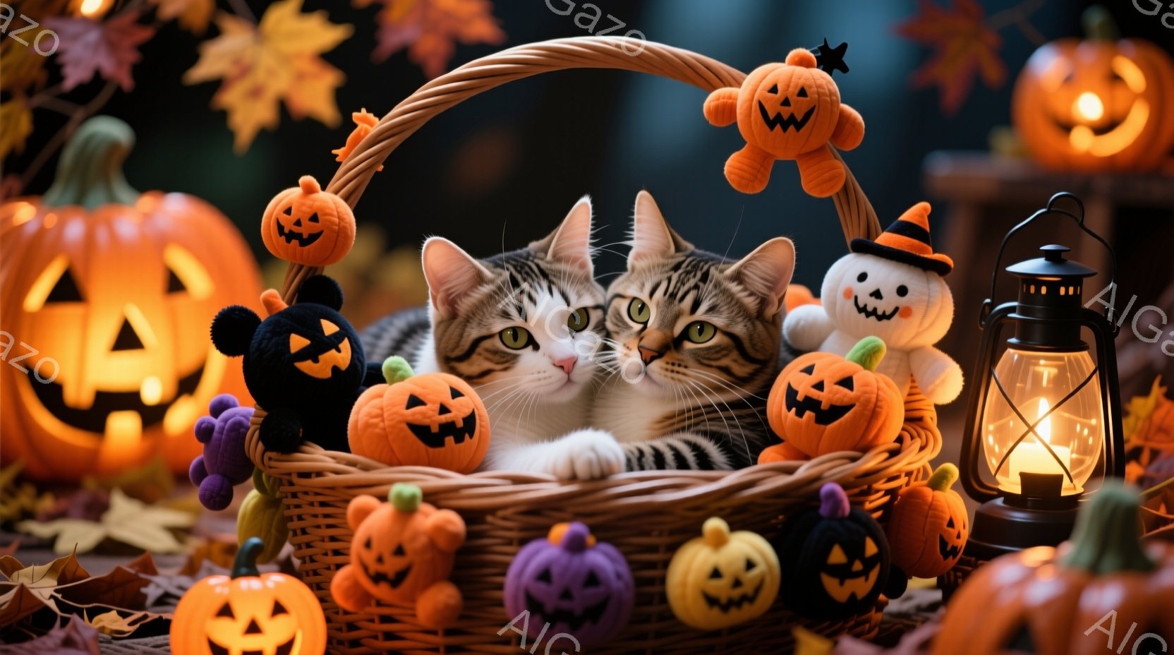 縞模様の猫が、ハロウィーンの飾りでいっぱいのバスケットの中に横たわっています。背景には、様々な大きさのジャック・オー・ランタンや、かぼちゃのぬいぐるみが散りばめられ、暖かく幻想的な雰囲気を醸し出してい - AI生成フリー素材