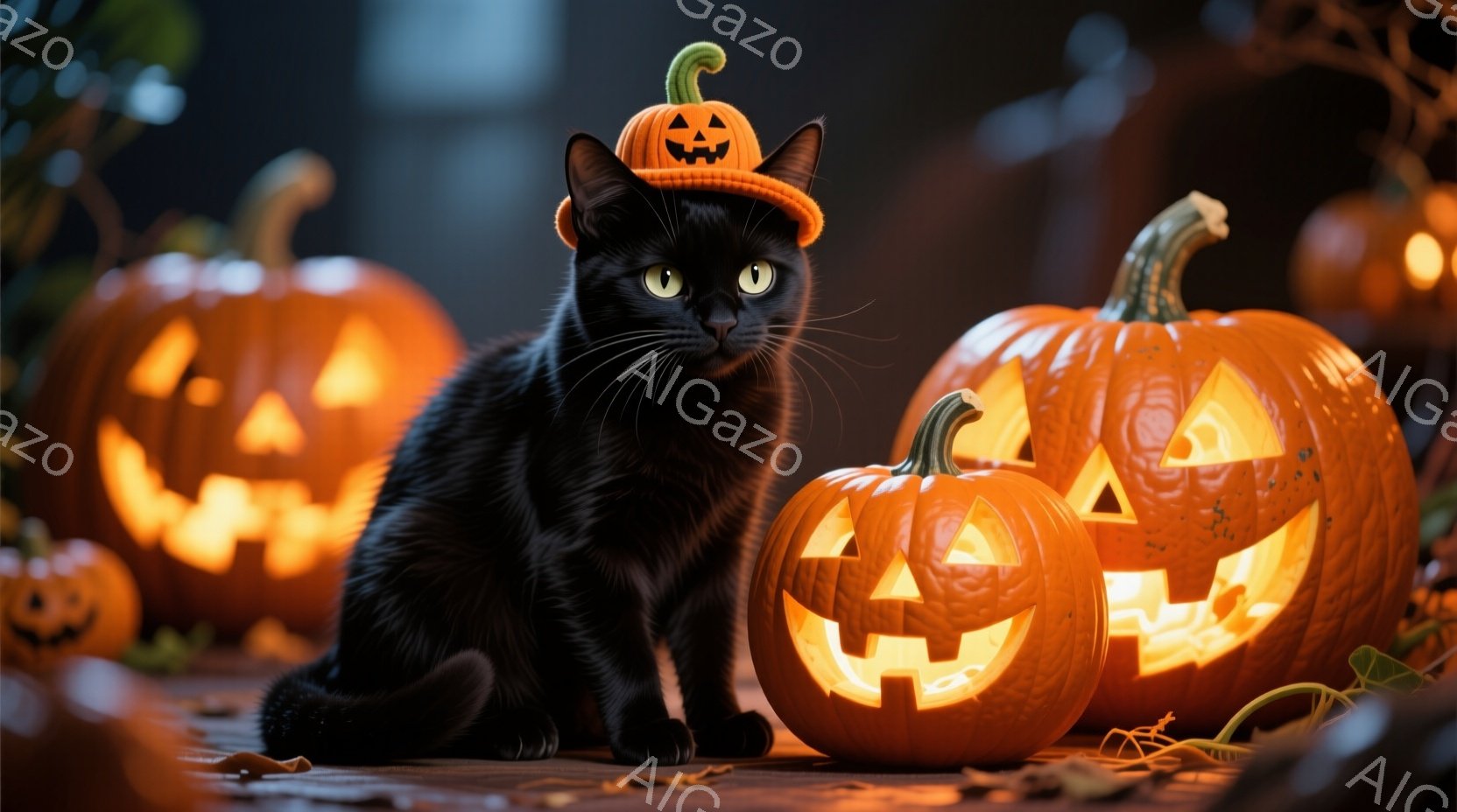 黒猫がハロウィーンの飾りであるカボチャの帽子をかぶって座っています。周囲にはジャック・オー・ランタンがいくつか並び、オレンジ色の光で照らされています。背景は暗く、落ち葉が散らばっており、ハロウィーンの - AI生成フリー素材