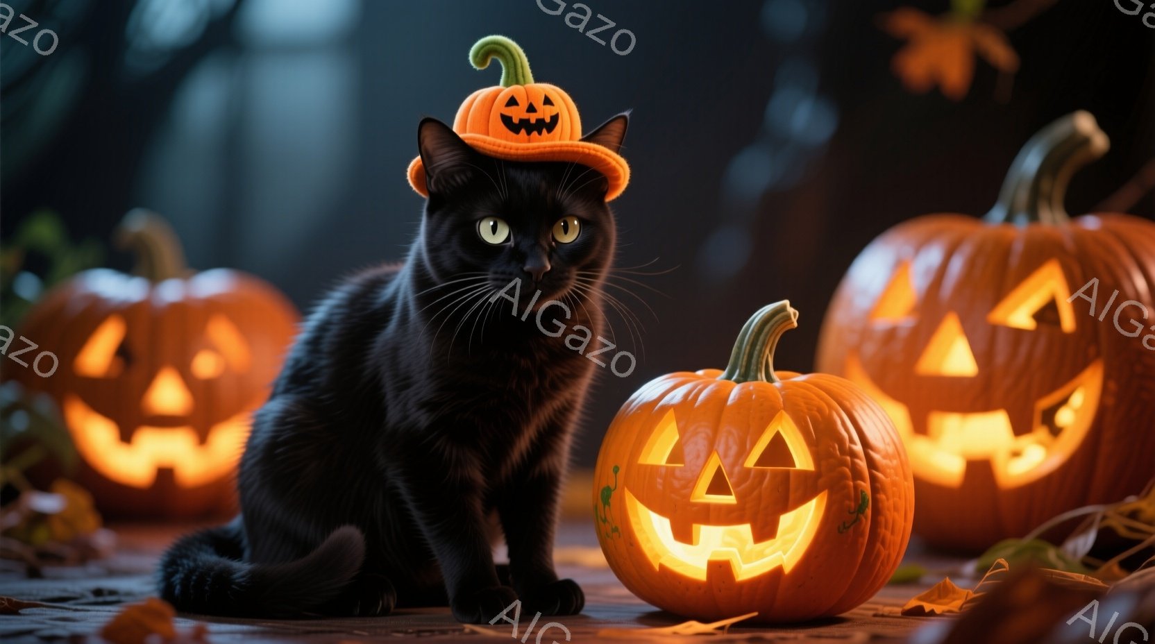 黒猫がハロウィーンの飾りであるカボチャの帽子をかぶって座っています。背景には、点灯したジャック・オー・ランタンが複数並び、落ち葉が散らばる地面が広がっています。全体的にハロウィーンの夜の温かく、お祝い - AI生成フリー素材