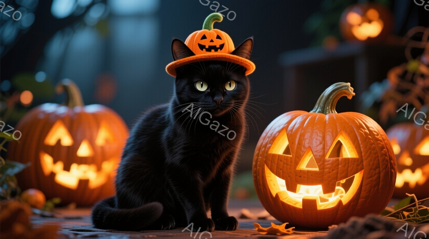 黒猫がハロウィーンの飾りであるカボチャの帽子をかぶって座っています。背景には、様々な大きさのジャック・オ・ランタンが明るく光り、落ち葉が散らばる地面が広がっています。全体的に、ハロウィーンの夜の暖かく幻想的な雰囲気が漂っています。
