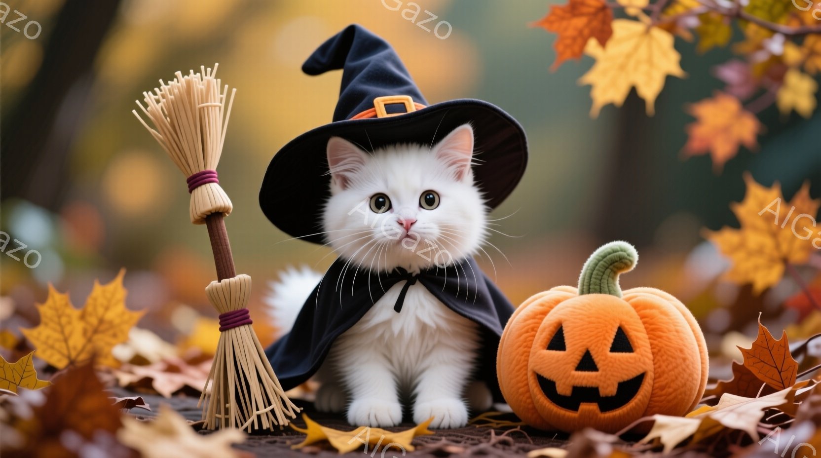 白い子猫がハロウィーンの衣装を着て、魔女の帽子とマントを身に着けています。背景には散らばった紅葉と、ハロウィーンの装飾であるジャック・オー・ランタンが置かれています。暖色系の葉と照明が、秋らしい、かわ - AI生成フリー素材