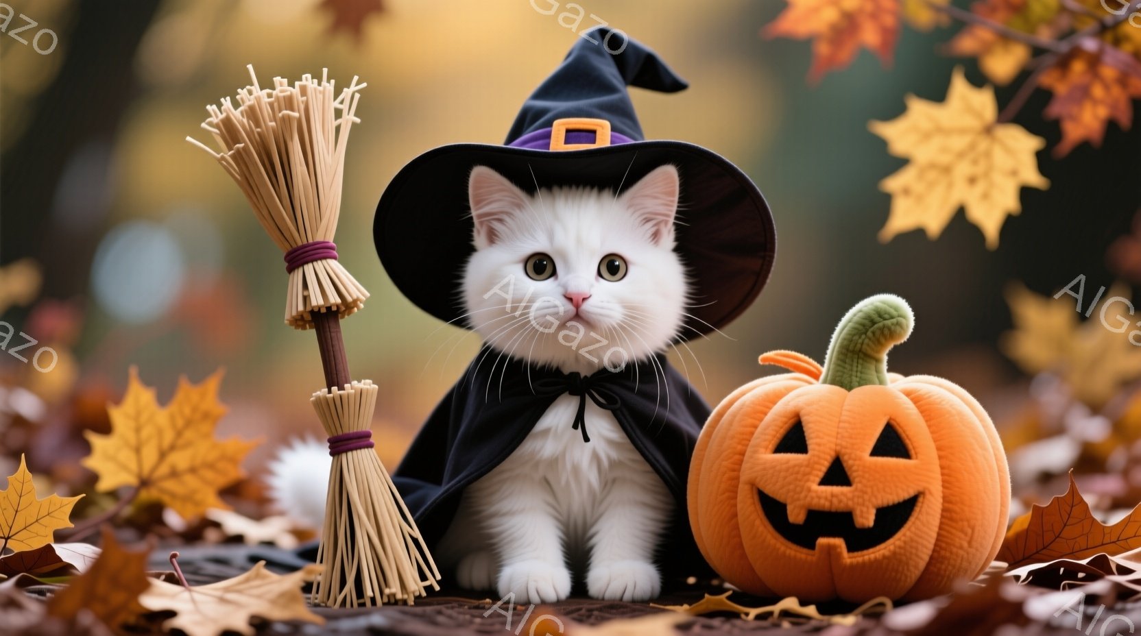 白い子猫が、ハロウィーンらしい黒いマントと帽子を身に着けて座っています。目は大きく見開かれ、少し驚いたような表情をしています。背景には落ち葉が敷き詰められ、彫刻が施されたカボチャが置かれ、秋の暖かい雰囲気を感じさせます。