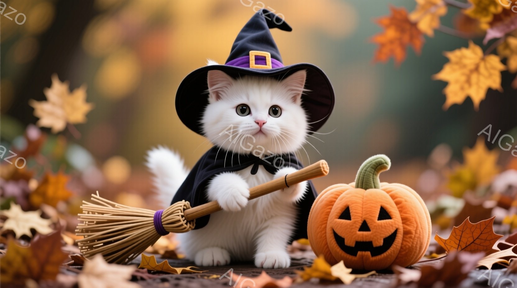 白い子猫がハロウィーンの衣装を着て、小さなほうきを持って座っています。黒いマントと、紫のリボンが付いた魔女帽子が可愛らしいです。背景には落ち葉が散りばめられ、ハロウィーンの雰囲気と秋の暖かさを感じさせ - AI生成フリー素材