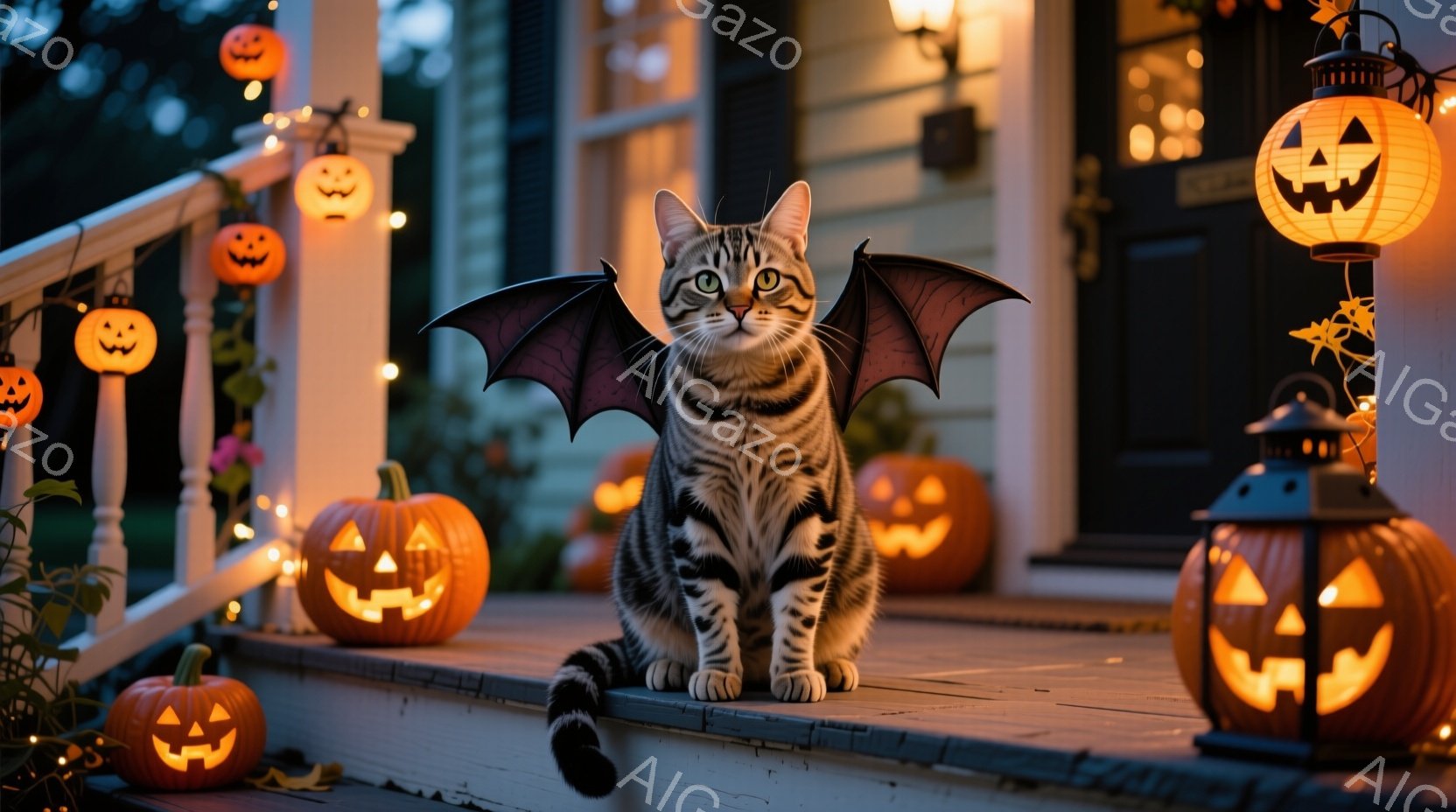 茶色と黒の縞模様の猫が、ハロウィーンの飾り付けがされた家の階段に座っています。猫は翼を身に着けており、少しおどけた表情でカメラを見ています。背景には、ジャック・オー・ランタンやオレンジ色のライトで飾られたポーチがあり、夜の穏やかなハロウィーンの雰囲気を醸し出しています。