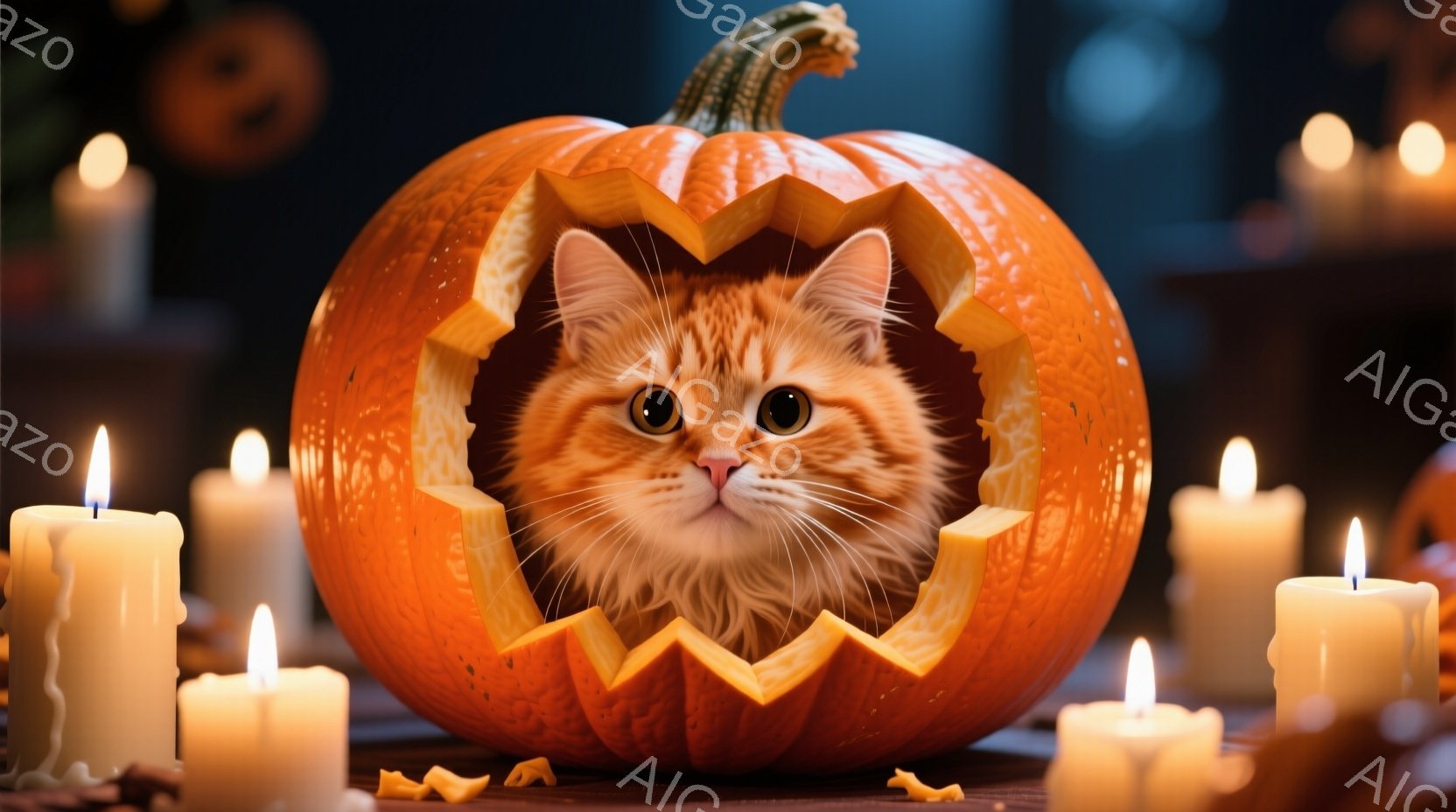 ハロウィーンの装飾が施された背景に、骨の模様のコスチュームを着た2匹の猫がオレンジ色の毛布の上に横たわっています。猫たちはそれぞれ異なる毛並みで、片方は白黒、もう片方は茶色と白の模様で、落ち着いた表情 - AI生成フリー素材