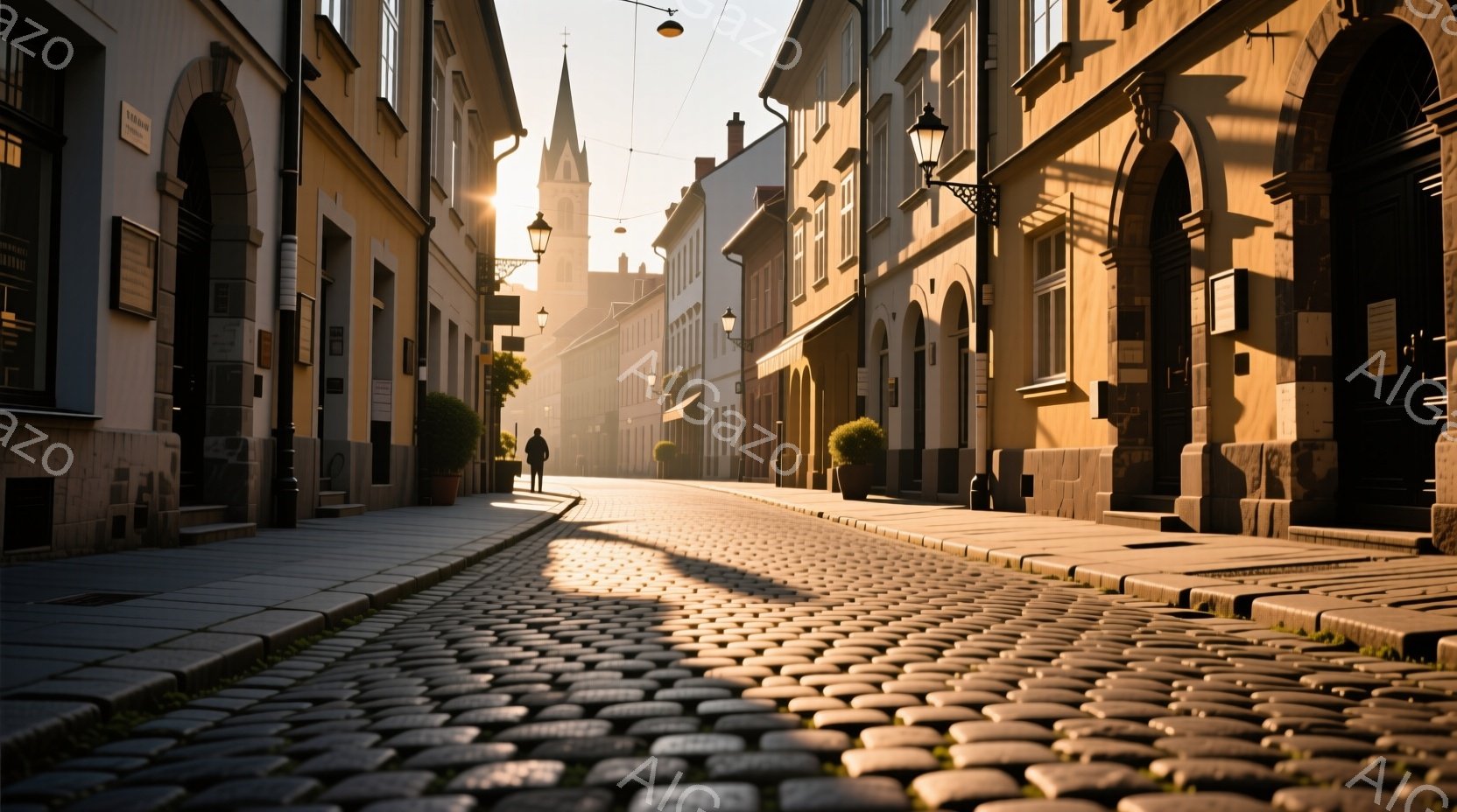 石畳の道が遠近法で細く伸びており、両脇には歴史的な建物が並んでいる。朝日の光が道に長く影を落とし、暖かく穏やかな雰囲気を醸し出している。遠くに見える尖塔と、朝靄の中に歩く人物が、静かで絵画的な風景を作 - AI生成フリー素材