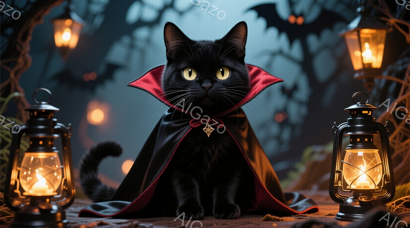 黒猫が赤いマントと襟付きの衣装を着て座っています。猫は正面をまっすぐ見つめており、その目は金色に光っています。背景には、ぼんやりとした建物、木の枝、そしてオレンジ色の光を放つランタンが配置され、ハロウィーンのような不気味な雰囲気を醸し出しています。