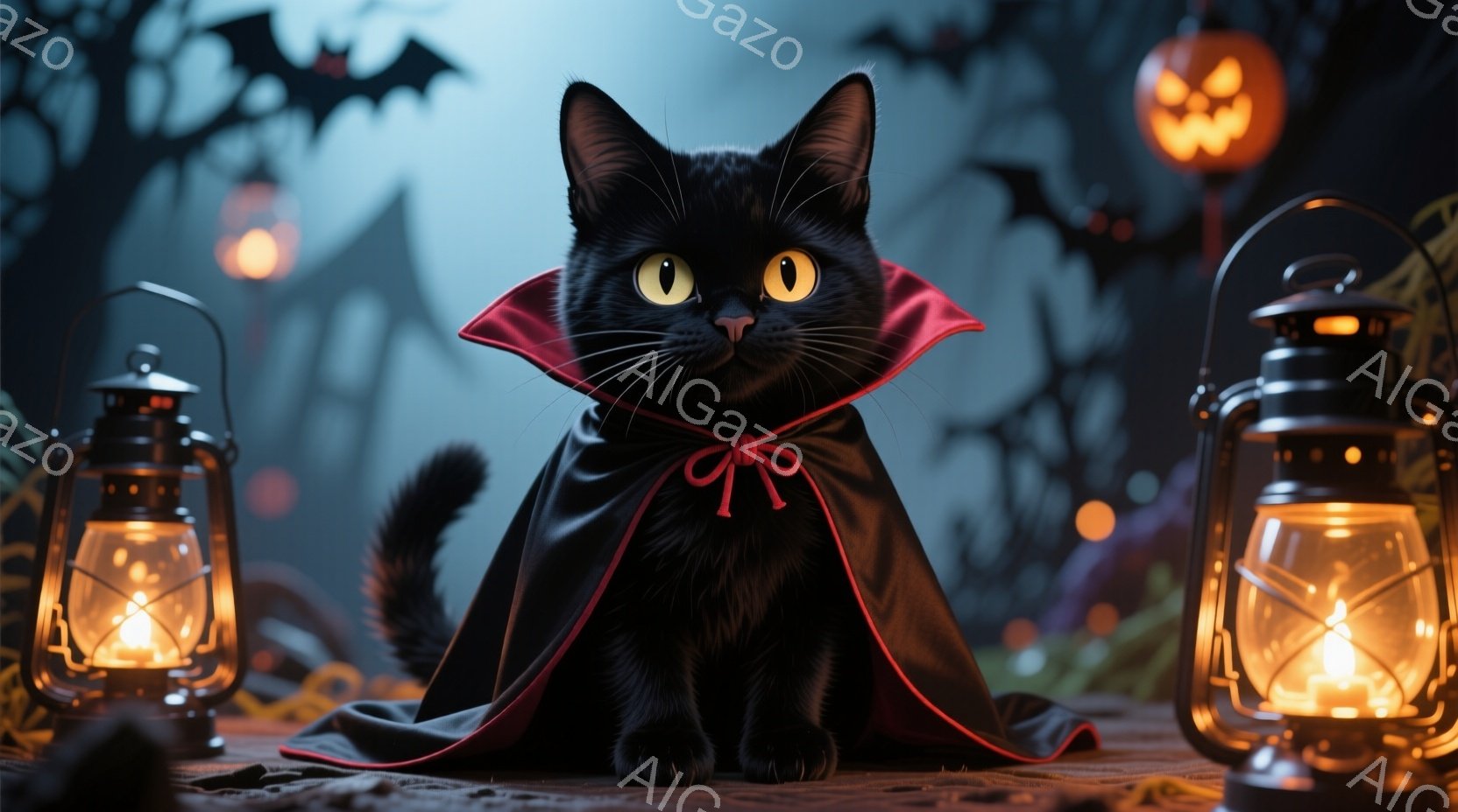 黒猫が赤い首輪とマントを身につけて座っています。鋭い金色の目つきで、どこか不気味でありながらも愛らしい表情をしています。背景にはハロウィーンの装飾であるカボチャのランタンや、シルエットの建物、そして不 - AI生成フリー素材