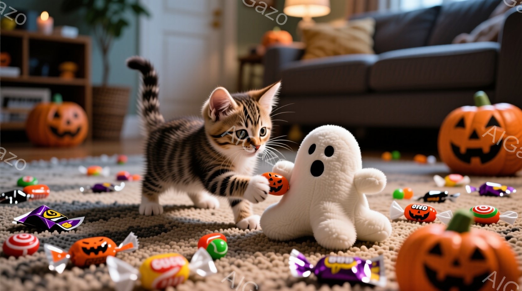 明るい色のラグの上に、ストライプ柄の子猫がふわふわの白いお化けの人形と戯れています。周囲にはハロウィーンのキャンディや小さなカボチャの置物が散らばっており、暖かく楽しい雰囲気が漂います。背景にはオレン - AI生成フリー素材