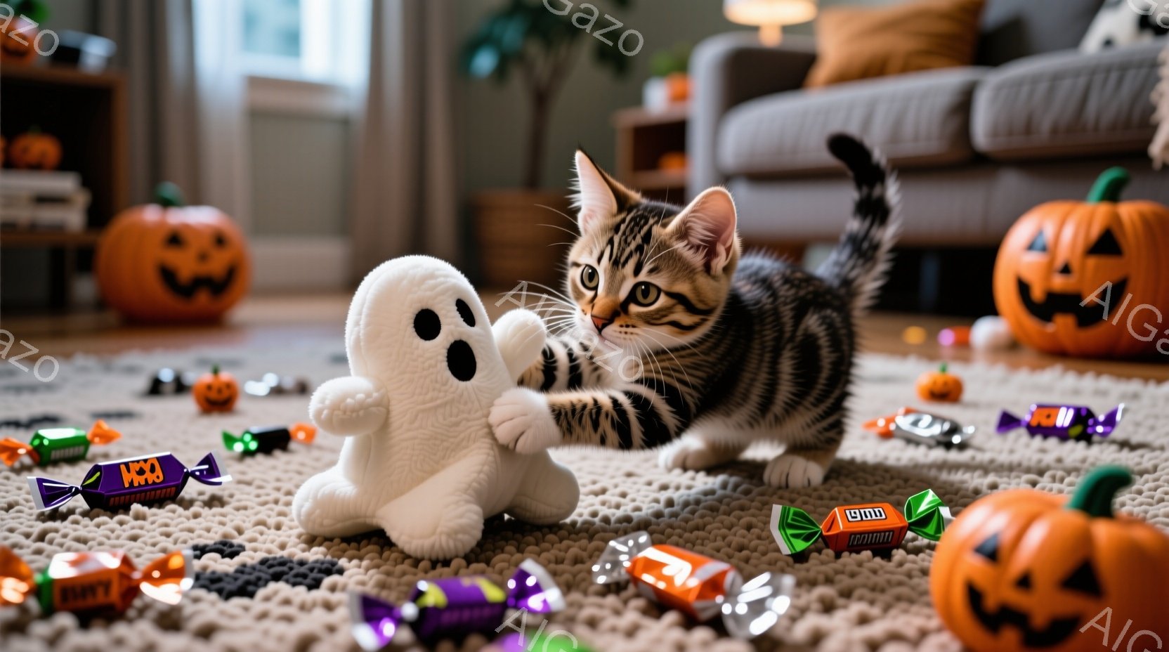 縞模様の小さな子猫が、白いふわふわの幽霊のぬいぐるみと遊んでいます。周囲にはハロウィーンのキャンディが散らばり、背景にはオレンジ色のジャック・オー・ランタンが並び、暖かく遊び心のある雰囲気を醸し出して - AI生成フリー素材