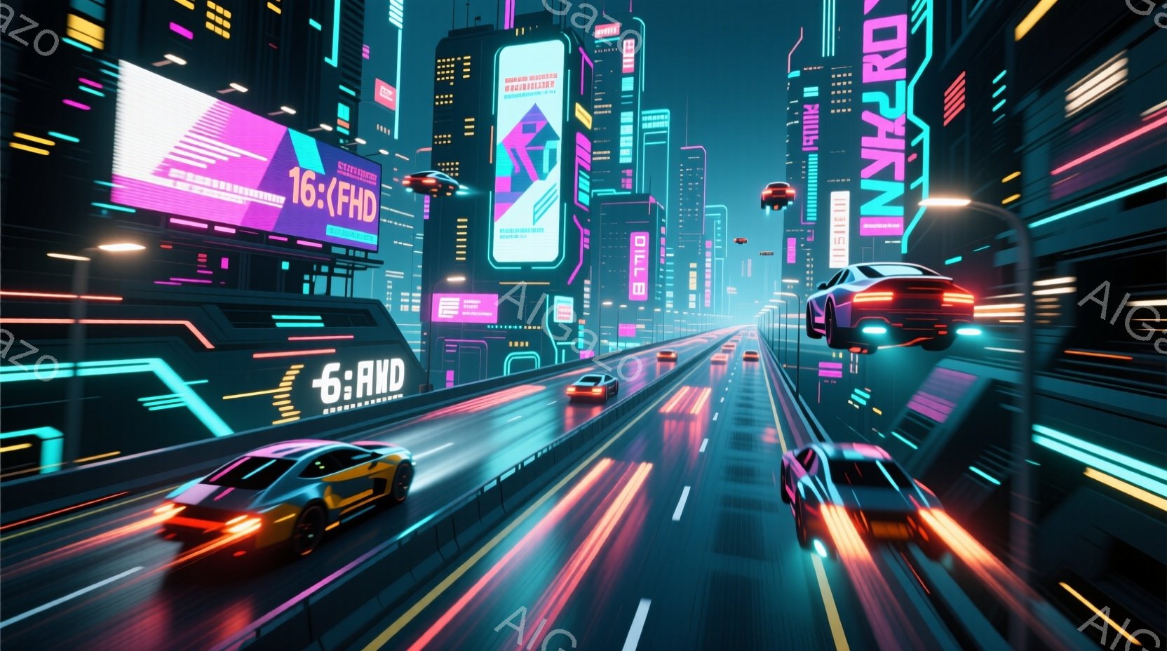 未来都市の高速道路を、鮮やかな色彩の車や飛行車が疾走している様子が描かれている。高層ビル群はネオンライトで彩られ、その光が路面に反射し、近未来的な雰囲気を醸し出している。全体的にスピード感と活気に満ち - AI生成フリー素材