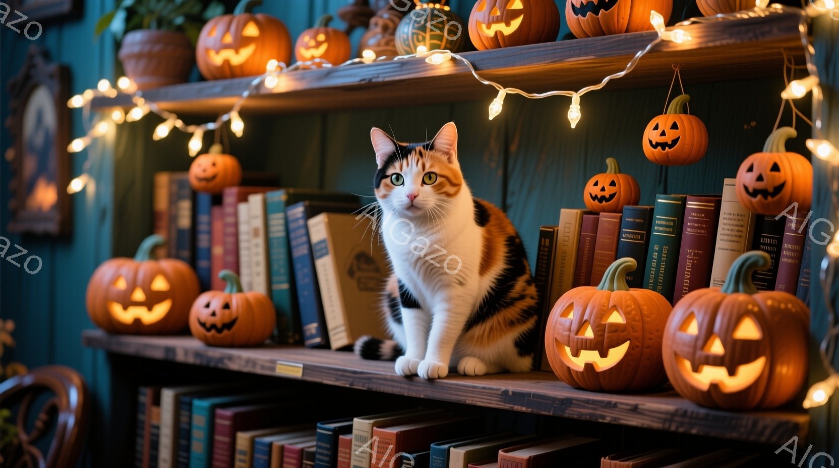 茶色と白のまだら模様の猫が、ハロウィーンの飾り付けられた本棚に座っています。オレンジ色のジャック・オ・ランタンと電飾が棚を彩り、壁は深い緑色で、全体的に暖かく、お祝いの雰囲気です。猫は前足を揃え、静かに座っており、ハロウィーンの季節にぴったりの、居心地の良いシーンを演出しています。