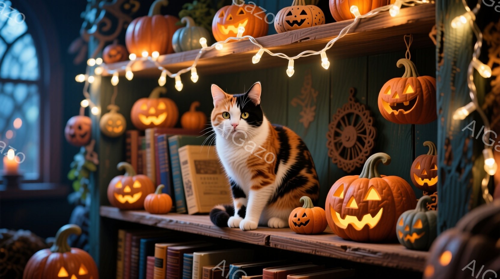 白とオレンジと黒の三毛猫が、ハロウィーンの装飾で飾られた棚に座っています。猫は正面を見ており、落ち着いた表情をしています。背景には、様々な大きさのジャック・オー・ランタンと本が並び、温かい光が灯り、お - AI生成フリー素材