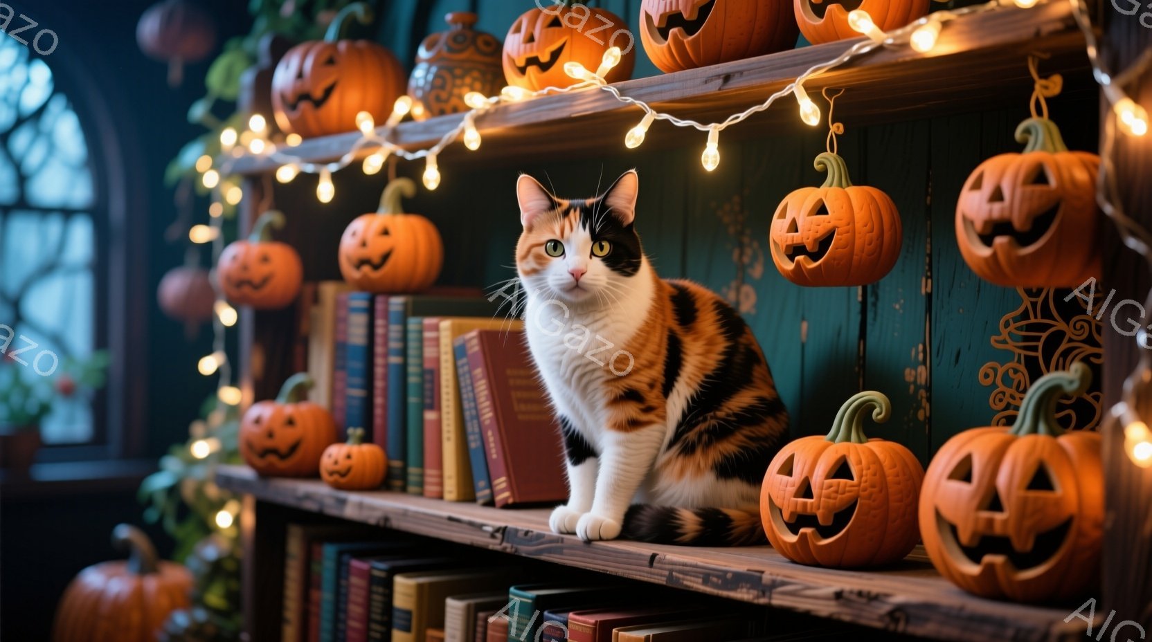 暖炉のような緑色の棚に、三毛猫が座ってこちらを見ている。棚にはハロウィーンの装飾であるたくさんのジャック・オ・ランタンが並び、オレンジ色の光が猫を照らしている。全体的に暖かく、秋のハロウィーンらしい雰 - AI生成フリー素材
