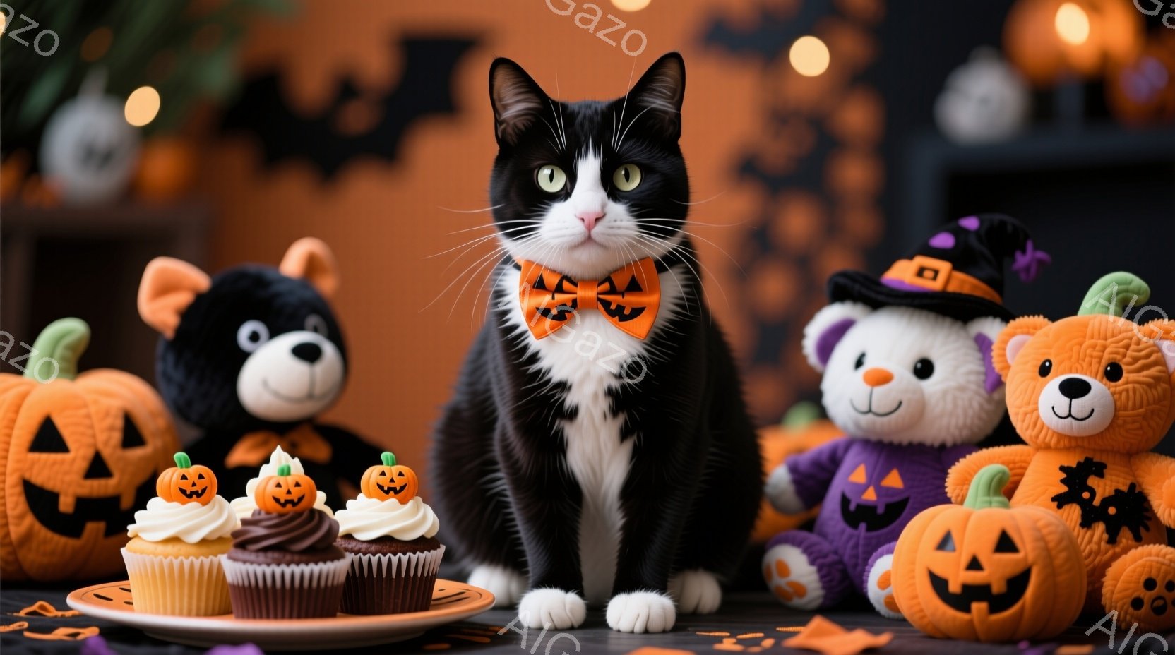 白と黒の猫が、ハロウィーンをテーマにした装飾に囲まれて座っています。猫はオレンジ色のカボチャ柄の蝶ネクタイをつけ、リラックスした表情で正面を見つめています。背景にはカボチャのぬいぐるみ、ハロウィーンの - AI生成フリー素材