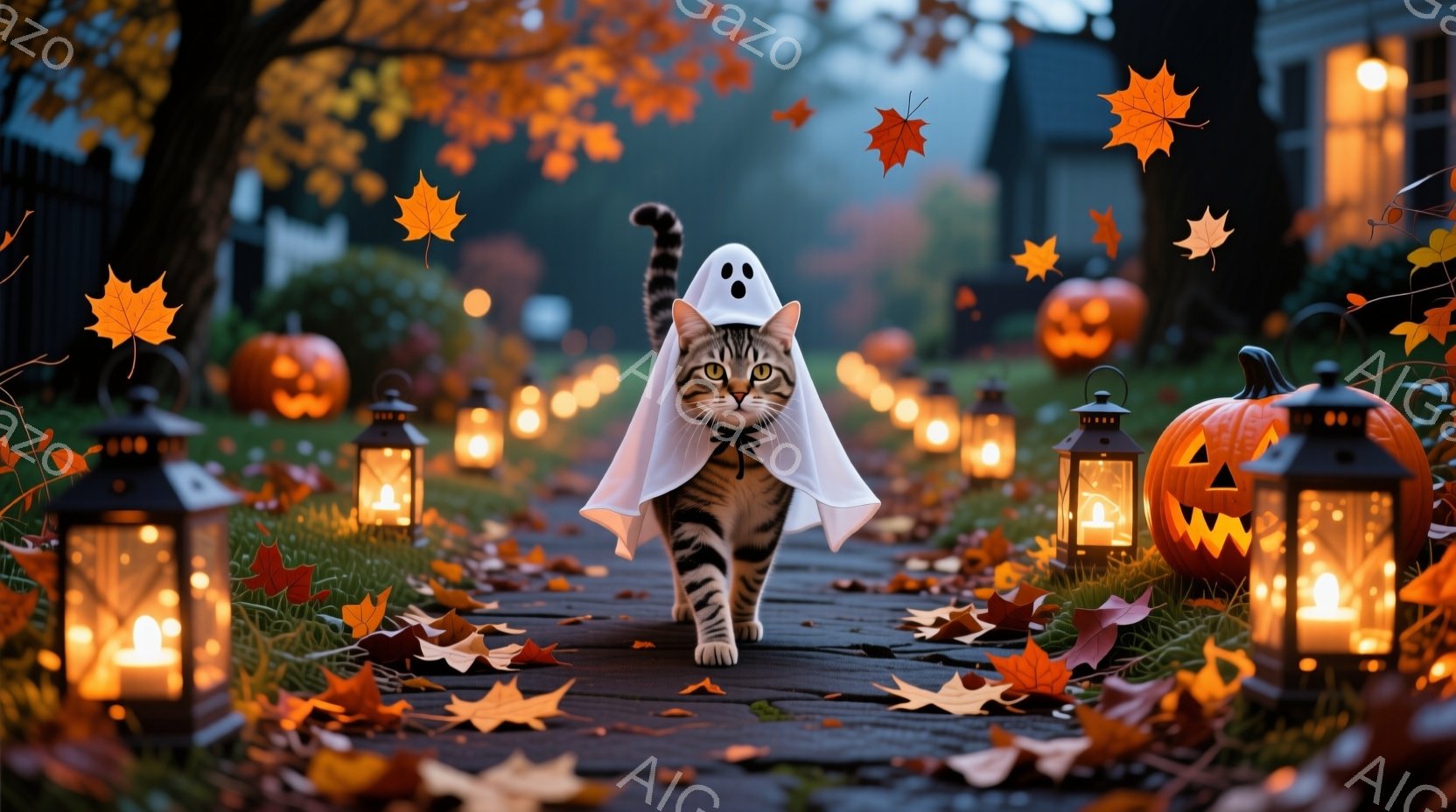 縞模様の猫がハロウィーンの幽霊の衣装を着て、落ち葉が舞う庭の小道の中央を歩いている。背景には、光るジャック・オー・ランタンや、ぼんやりと見える家々と木々があり、暖かい光が秋の夜を照らしている。全体的に - AI生成フリー素材