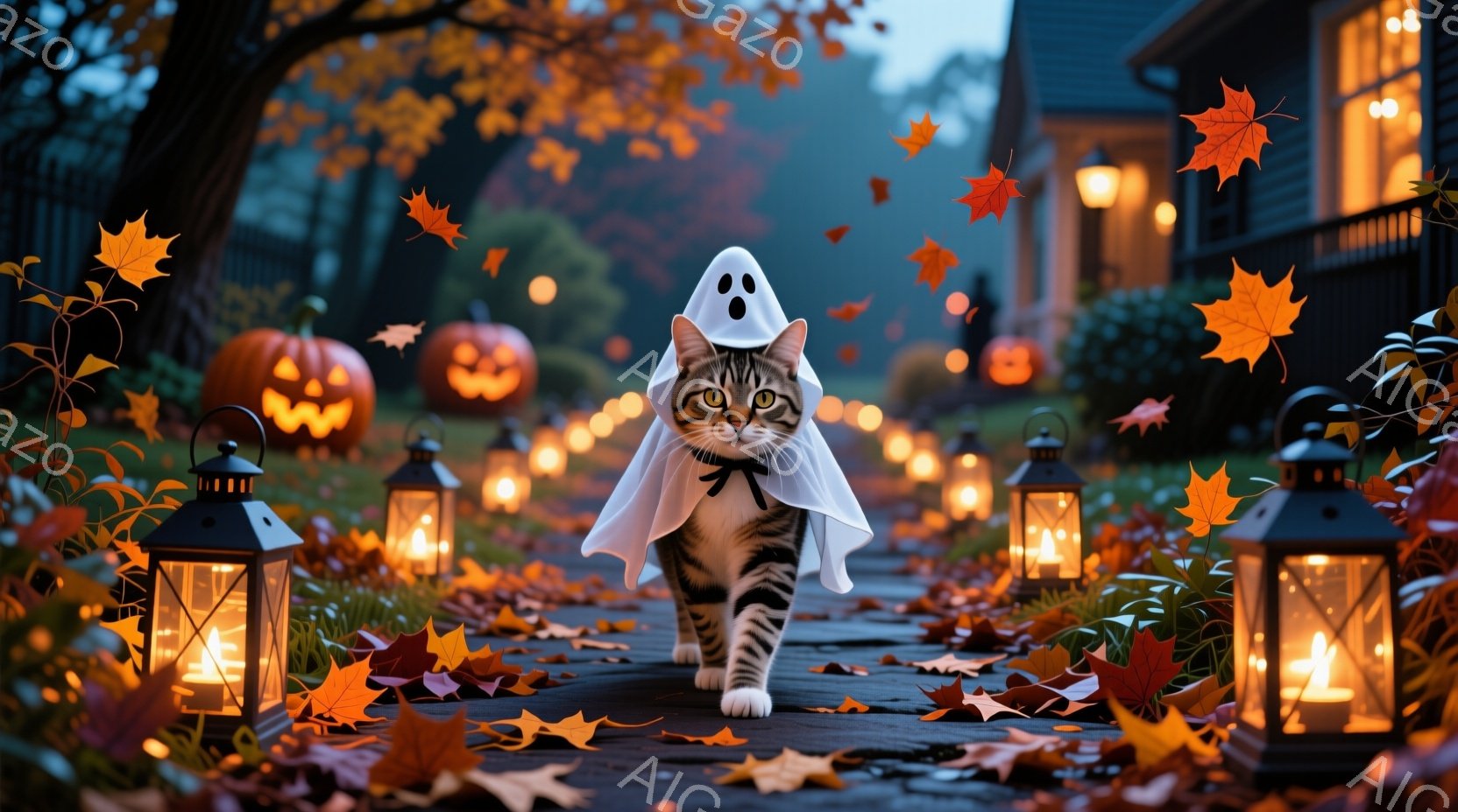 白いハロウィーンの衣装を着た縞模様の猫が、落ち葉が舞う道を歩いている。背景には、光るジャック・オ・ランタンと、オレンジ色の光を放つランタンが並び、秋の夕暮れのような暖かい雰囲気を醸し出している。全体と - AI生成フリー素材