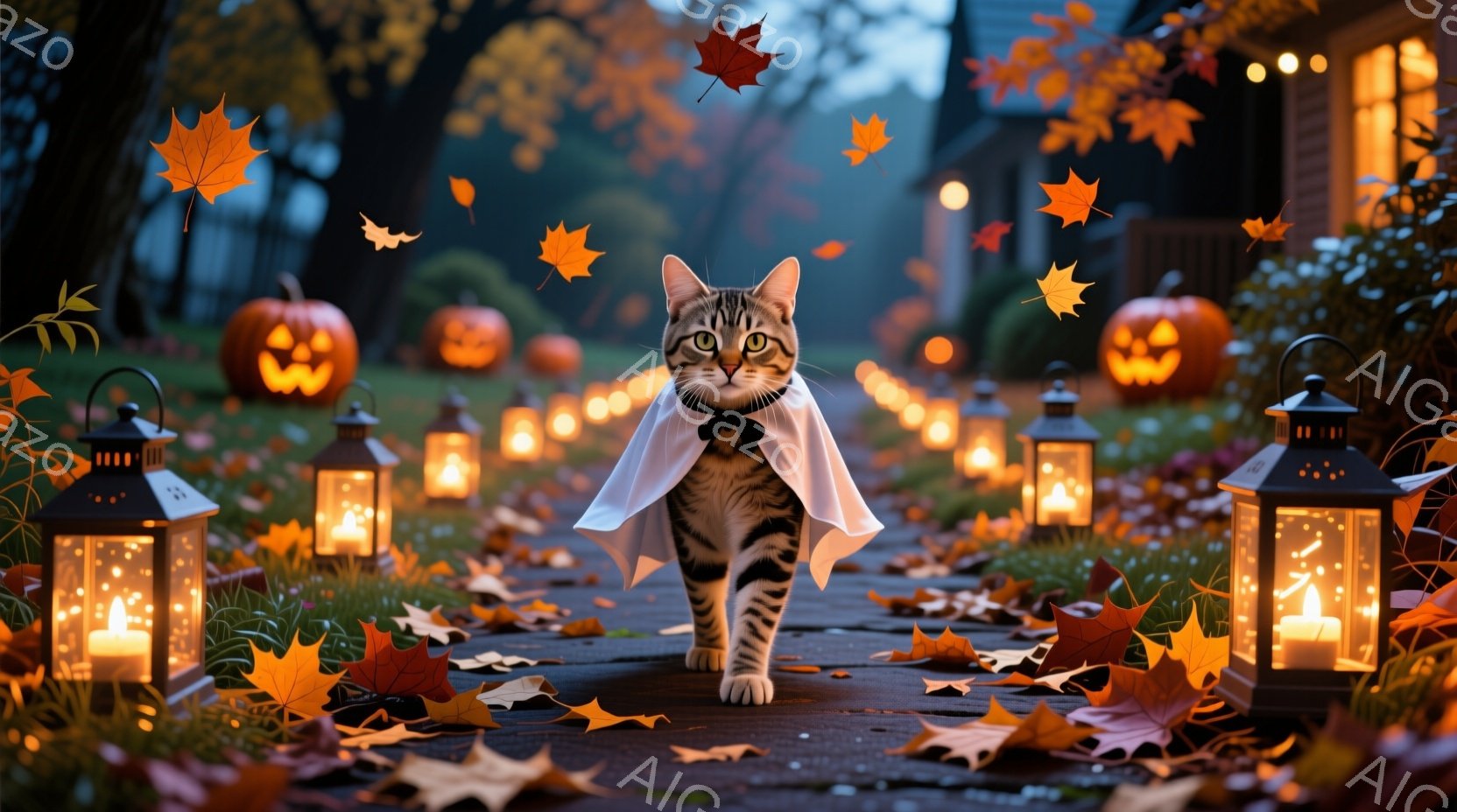 白とグレーの縞模様の猫が、ハロウィーン用の白いマントを羽織って、落ち葉が散らばる庭の小道の中央を歩いています。背景には、たくさんのジャック・オ・ランタンと、光るランタンが並び、秋の夜の幻想的な雰囲気を - AI生成フリー素材