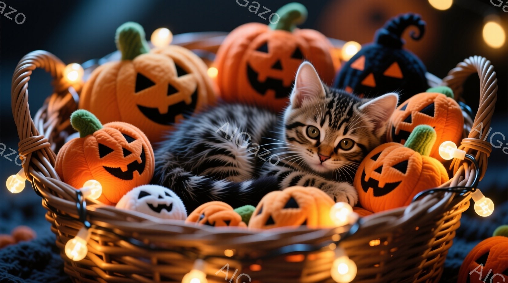 籠の中に、縞模様の小さな子猫が、ハロウィンのカボチャのぬいぐるみに囲まれて丸まって眠っています。カボチャのぬいぐるみはオレンジ色で、可愛らしい笑顔が描かれており、籠の周りには暖かく輝く電飾が飾られてい - AI生成フリー素材