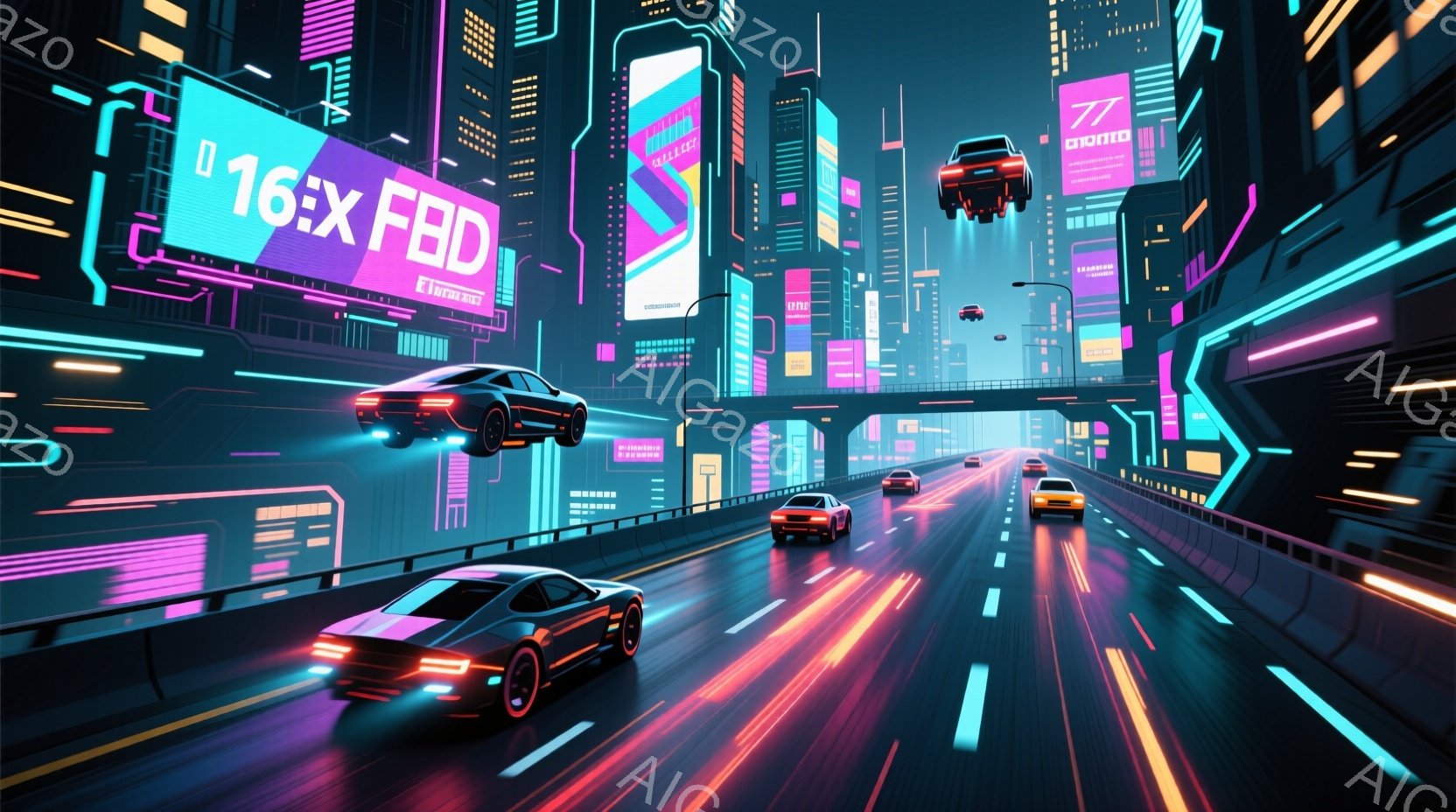 未来的な都市の高速道路が描かれており、ネオンライトが輝く高層ビル群が背景に広がっています。複数の車が高速で走行しており、一部は浮遊しているように見え、夜の街のダイナミックな雰囲気を強調しています。全体 - AI生成フリー素材