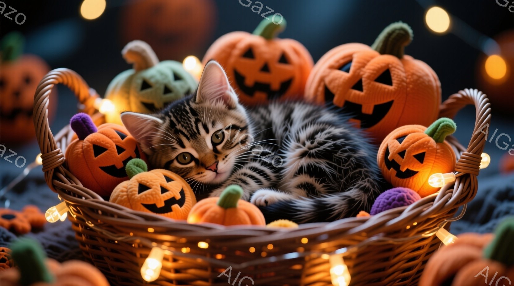 籠の中に、縞模様の子猫が丸まって眠っています。周りには、ハロウィーンの小さなカボチャのおもちゃが散りばめられ、オレンジ色の光が子猫を暖かく照らしています。背景は暗く、オレンジ色のフェアリーライトが輝き - AI生成フリー素材