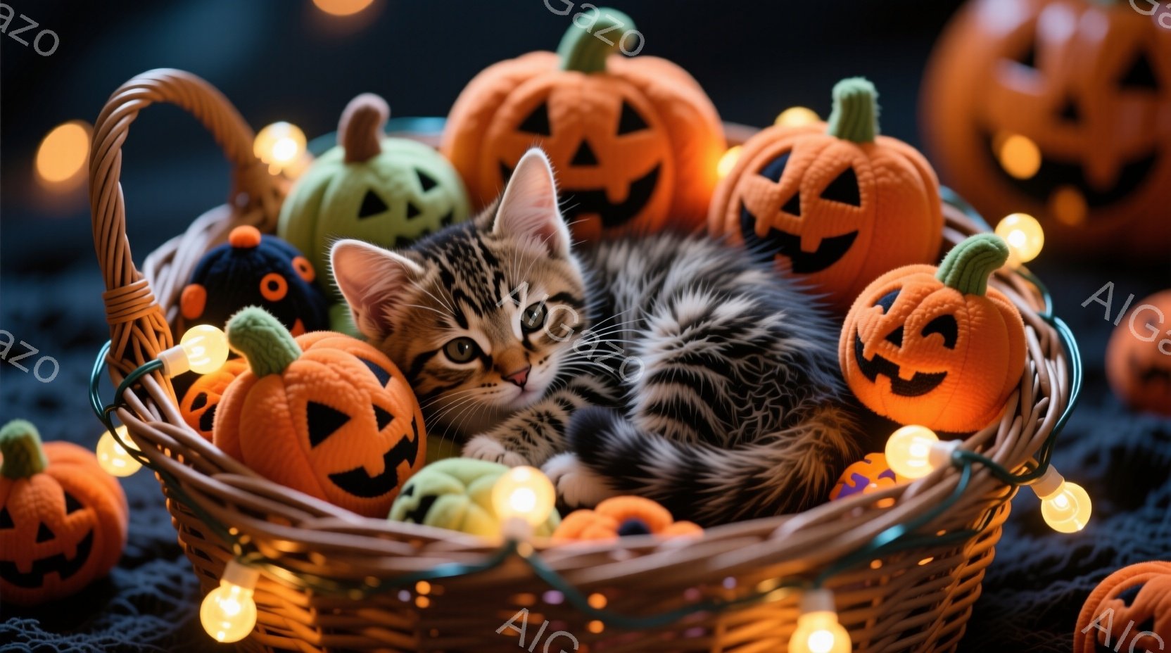 小さな縞模様の子猫が、ハロウィーンの飾りであるカボチャのぬいぐるみで満たされたバスケットの中に横たわっています。子猫はリラックスした様子で、緑色の光が点滅する電球に囲まれており、全体的に温かく可愛らし - AI生成フリー素材