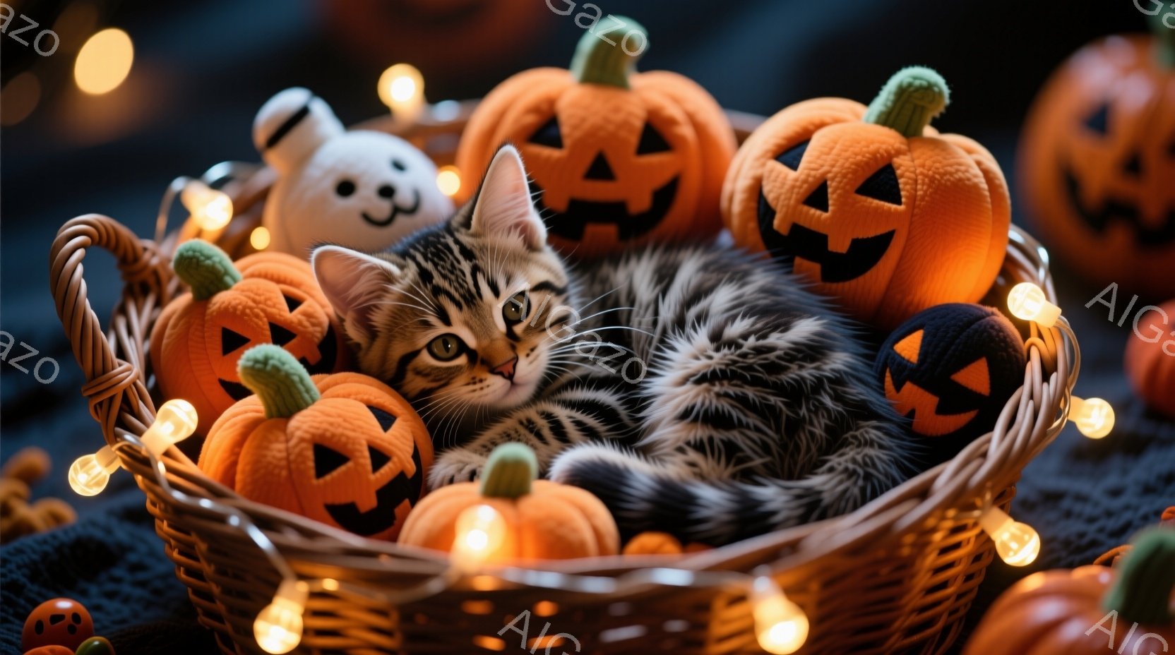 白いベッドの上に、ハロウィーンの衣装を着た縞模様の猫が横たわっています。猫はカボチャ色のつなぎを着ており、頭にはカボチャの帽子をかぶっています。背景には、白い幽霊のぬいぐるみとハロウィーンのイルミネーションがあり、全体的に暖かく、お祝いの雰囲気です。